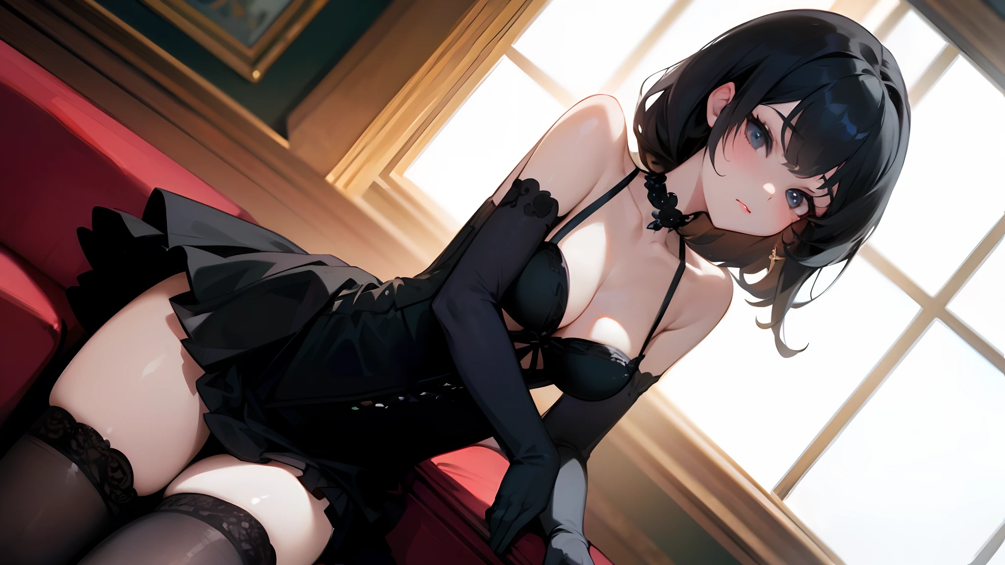 Masterpiece, (Best Quality: 1.2), (Super Fine: 1.2), (Extremely Delicate and Beautiful: 1.2), Film Angle, milf, goth girl, thighhighs, choker, miniskirt, lingerie