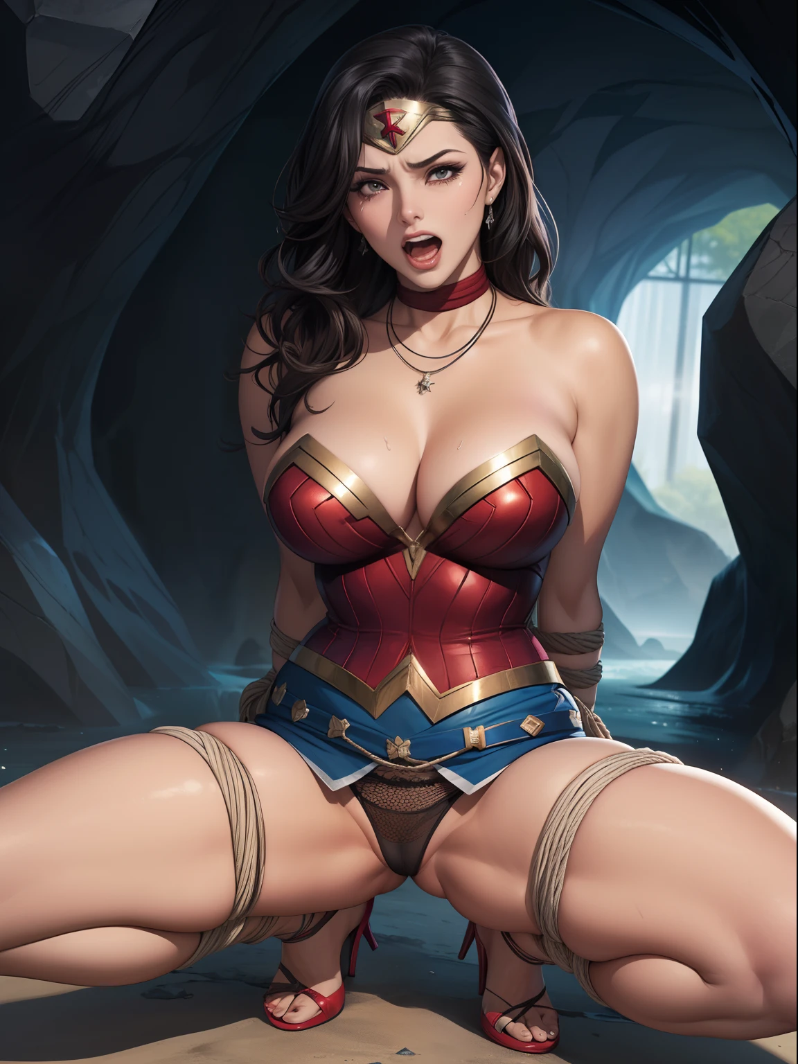 ((She's wearing lacy white panties)), (She's wearing stiletto high heels) ((Your blouse is tattered, Your mesh is tattered, his uniform is tattered, seu traje esta esfarrapado, your clothes are tattered)), ((SUPERHEROINE Wonder Woman half crouched in prison)), ((vezes, vagabunda, prostituta, vadia)) She's sweaty all over her body. She's screaming in terror, She's terrified, She's crying a lot. ((ela tem cabelo preto, ela tem cabelo longo)), ((She's wearing a lacy white Fishnet belt.............)), ((Wearing a thick metal necklace around the neck )) She screams and begs for mercy, Ela cai no choro. Wearing a thick metal necklace around the neck with a chain. Usando maquiagem pesada no rosto. (Your clothes are immoral, your clothes are indecent). Shibari, arms behind back:1.4), (hands on back), (obra-prima, melhor qualidade) 1.5, 1girl, sozinho, (sexy, mulher bonita, rosto perfeito, olhos perfeitos) corpo inteiro, ((Shibari)), ((arms behind back:1.4)), ((hands on back)) ((rope bondage)), ((arms behind back)), ((Totalmente amarrado)), ((Strong containment)), ((cabelos pretos)). ((High Definition Face)), (((She's inside an icy cave, presa por correntes)))