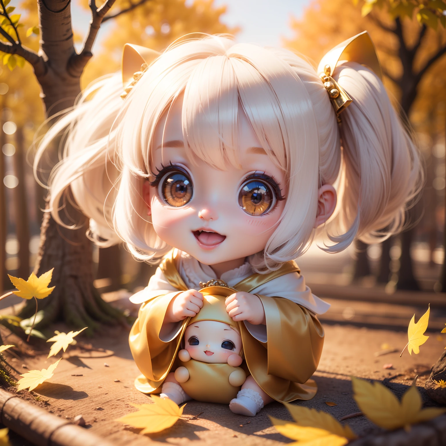 Cute Baby Chibi Anime,(((chibi 3d))) (Best Quality) (Master Price)、Chibi Angel、Open your mouth and smile、A detailed face、Floating in the air、White hair、Jewelry Decoration Costumes、Sun shining in the morning sun、Autumn leaves in the fairytale autumn forest