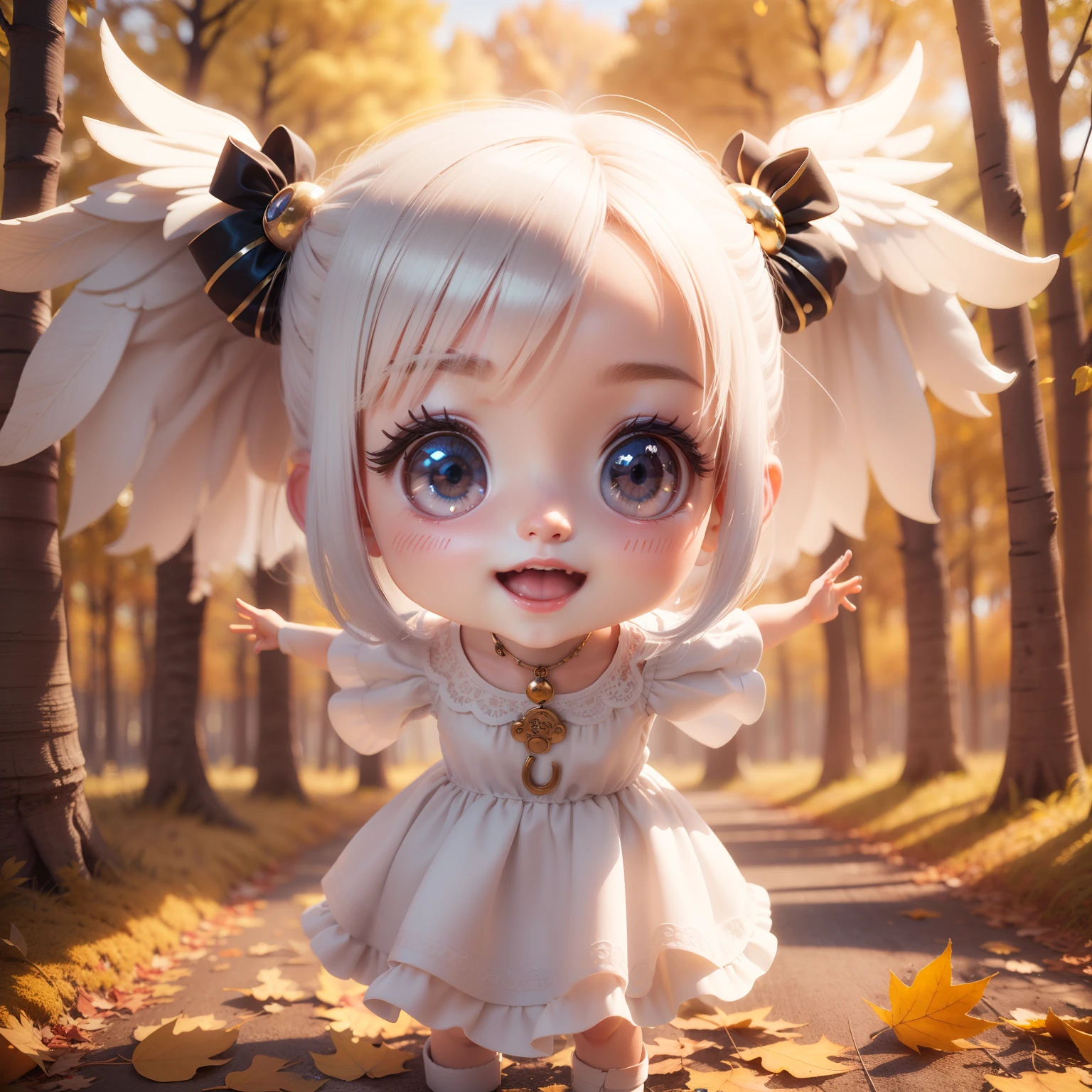 Cute Baby Chibi Anime,(((chibi 3d))) (Best Quality) (Master Price)、Chibi Angel、Open your mouth and smile、A detailed face、Floating in the air、White hair、Jewelry Decoration Costumes、Sun shining in the morning sun、Autumn leaves in the fairytale autumn forest