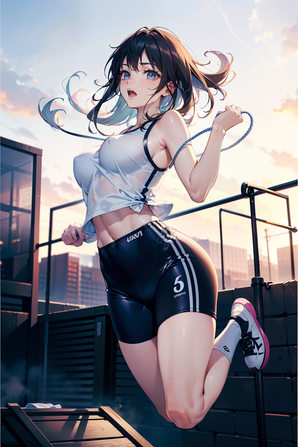 1 female,black hair,((12 years old)),(((white and blue sports bra and shorts)))(((blush、open mouth smile)),(((Yuki Mikan))),crowd(baby girl body shape)(((small breasts)))look back,((wet with sweat))outdoor playground,Mansuji