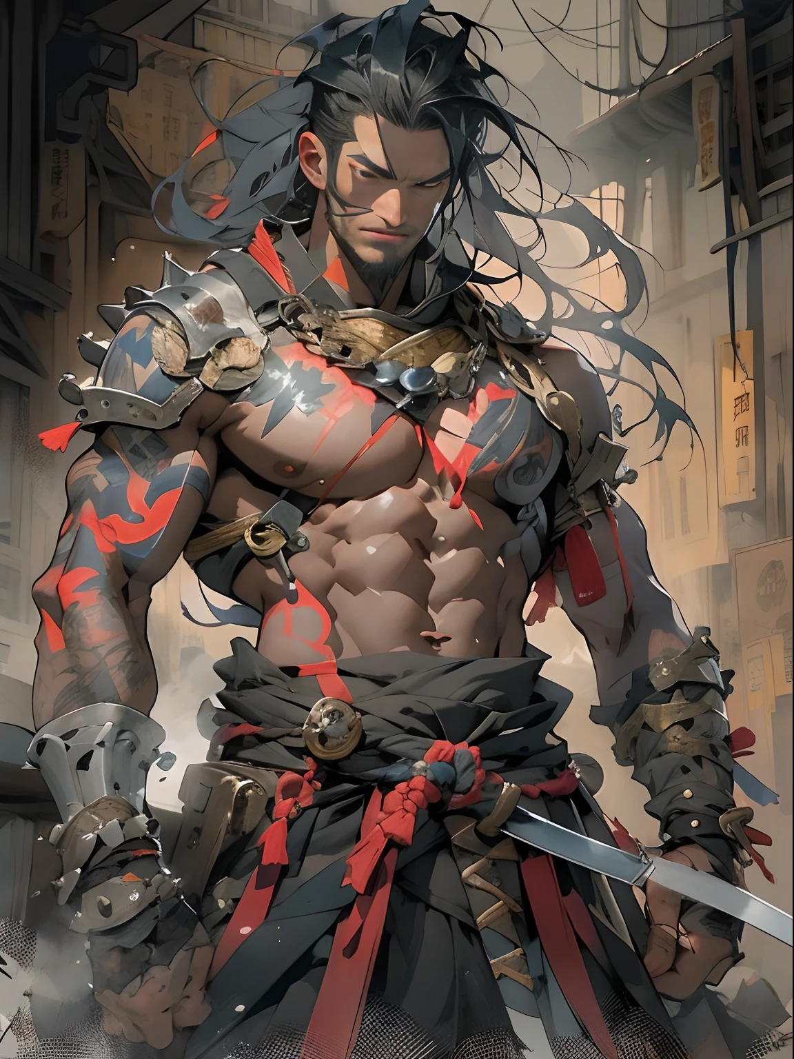 (((mtu))), (((best qualityer))), (((tmasterpiece))), (((AS-Adult))), ((( Japanese ))), Look up from your knees, Handsome Asian samurai,perfect body figure, Modern samurai, ((( Asian))), Wear gloves on your hands,The left arm is made of steel and metal tips,Made of protective devices, The eyes are pulled, (( Appears below the chest )), (( Small dental floss )), Simon Bisley, Almost naked(Simon Bisley)Castle City Wilderness,For high-resolution posters, hair straight, Minimum clothing, armure (Crazy clothes ), Full of tips and rivets, tribal tattoos, (((full bodyesbian))), Straight brunette hair,Colored hair ends