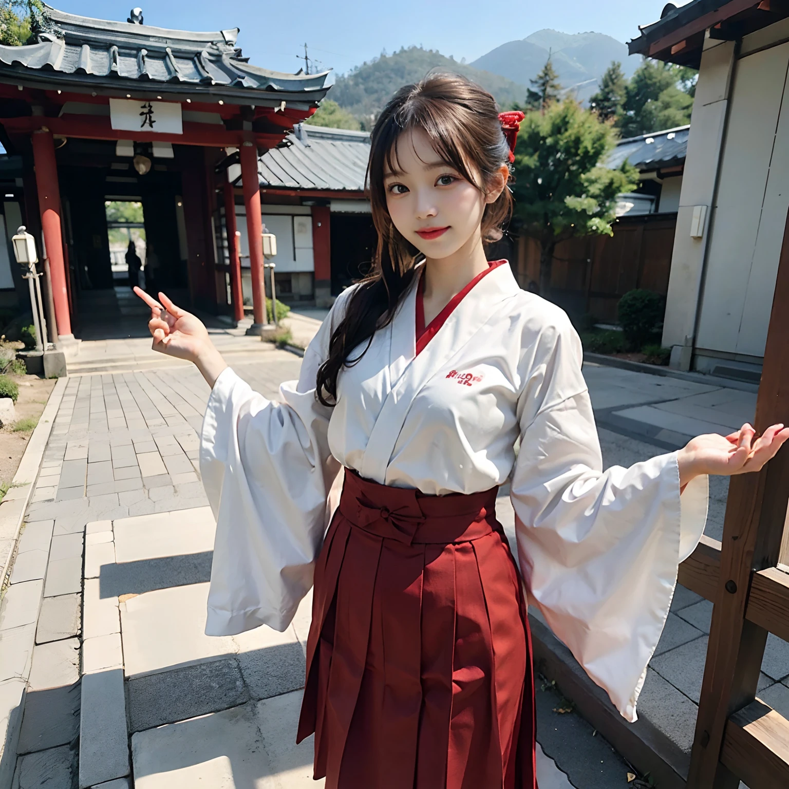 Woman in red skirt and white shirt is taking pictures, japanese girl school uniform, hakama kimono, Japan school uniform, Collar white and red, A Japanese style, Red kimono, Japanese style, traditional japanese, Wearing Hakama, japanese kimono,Outdoor background,The background is a shrine,No bra,feet visible ,You can see the valley ,cleavage of the breast ,Furisode ,Wide sleeves ,Wearing a priestess uniform ,Chest revealed ,The chest is visible ,japanes ,Natural smile ,standing athletic pose ,Standing ,full body seen ,fullbody image