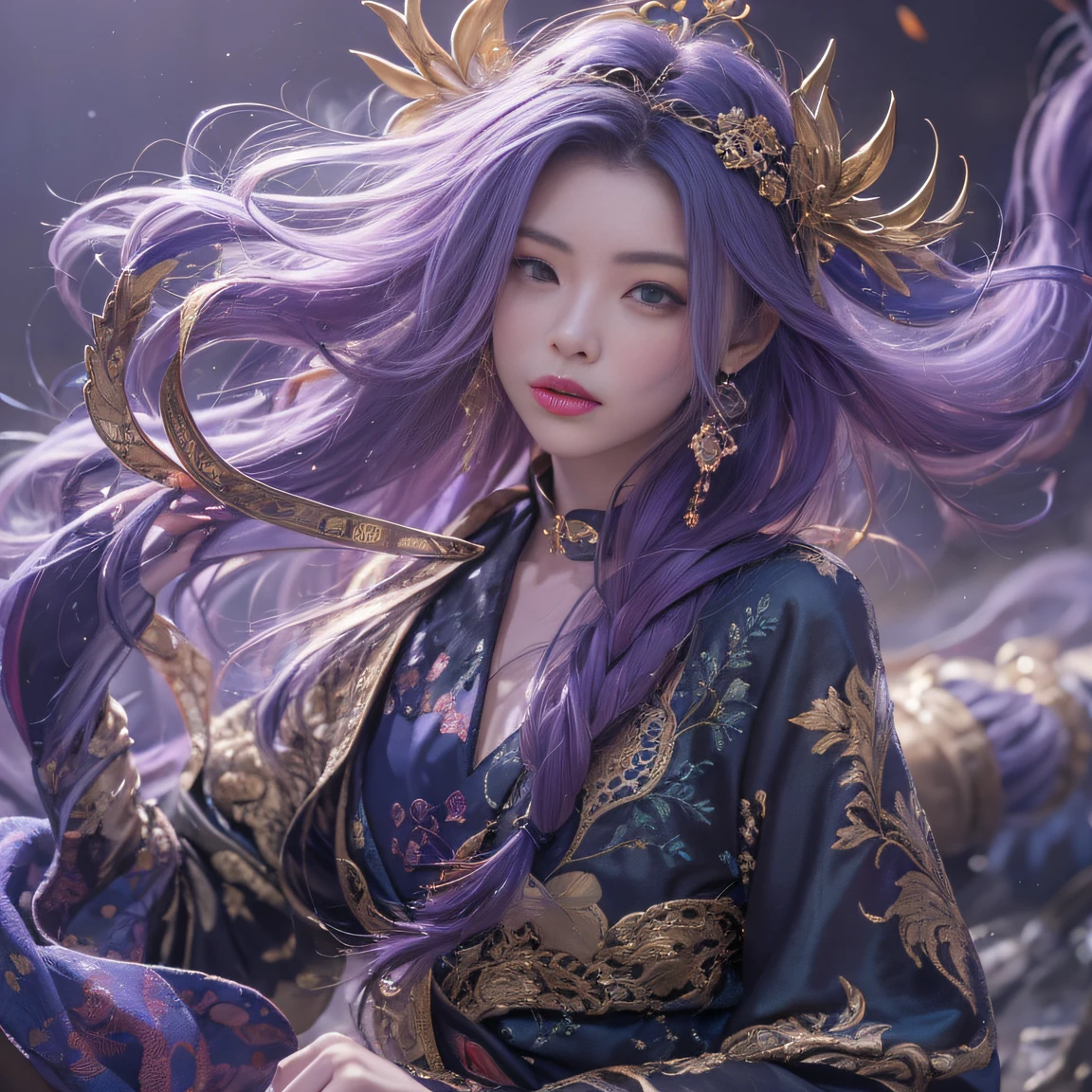 Genki Girl 32K（tmasterpiece，k hd，hyper HD，32K）Long flowing bright purple hair，Autumn Pond，zydink， a color， Asian people （Genki girl）， （Silk scarf）， Combat posture， looking at the ground， long whitr hair， Floating bright purple， Fire cloud pattern gold tiara， Chinese long-sleeved gold silk garment， （Abstract metaverse splash：1.2）， white backgrounid，Lotus vitality protector（realisticlying：1.4），Bright purple hair，Smoke on the road，The background is pure， A high resolution， the detail， RAW photogr， Sharp Re， Nikon D850 Film Stock Photo by Jefferies Lee 4 Kodak Portra 400 Camera F1.6 shots, Rich colors, ultra-realistic vivid textures, Dramatic lighting, Unreal Engine Art Station Trend, cinestir 800，A girl with long flowing bright purple hair