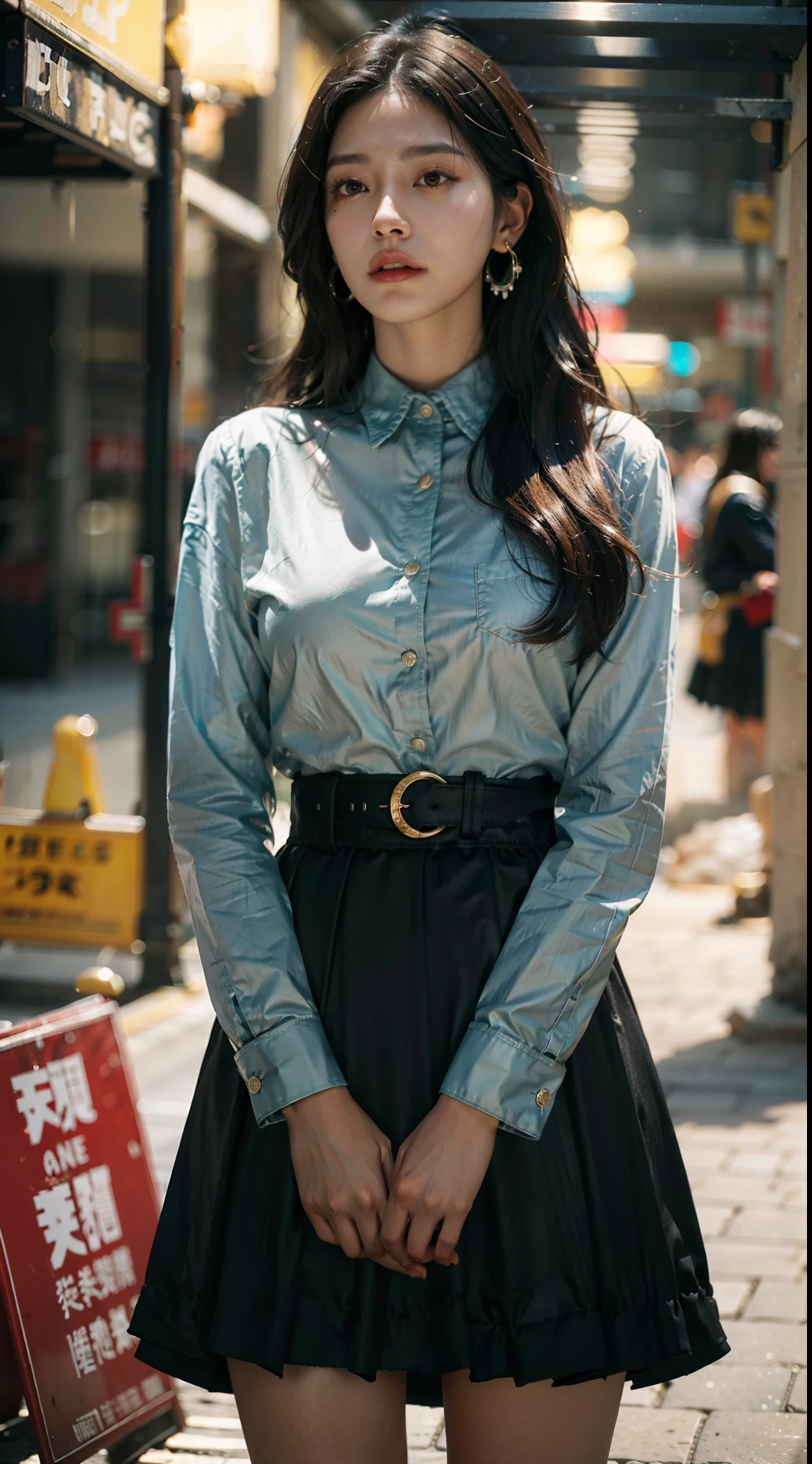 black hair, brown hair, long hair, wavy hair, oral invitation, shy, earrings, aqua eyes, depth of field, cinematic lighting, blurry, glowing light, cowboy shot, from below, bokeh, f/2.8, 35mm, Sony FE GM, 8k, super detail, UHD, masterpiece, ccurate, textured skin, super detail, high details, high quality, best quality, highres, 8k. slutty and bitchy in her daily life routine.