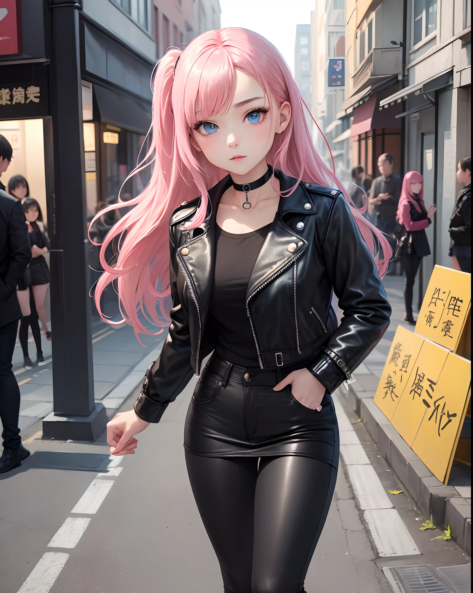 ​masterpiece:1.2、hightquality、top-quality、hight resolution、detaileds、A hyper-realistic、Beautiful female detective who looks mature、Adults、Black leather jacket、Black Leather Jeans Mini Skirt、Heart-shaped choker、Long pink hair、Beautiful blue eyes、Female Detective、独奏、street corner、Feeling standing、gazing at viewer、full body Esbian、birdie、rainbows、brilliance、portlate、cool expression、a cool、(A detailed face)、((foco nítido))、((faces))、The upper part of the body_Body