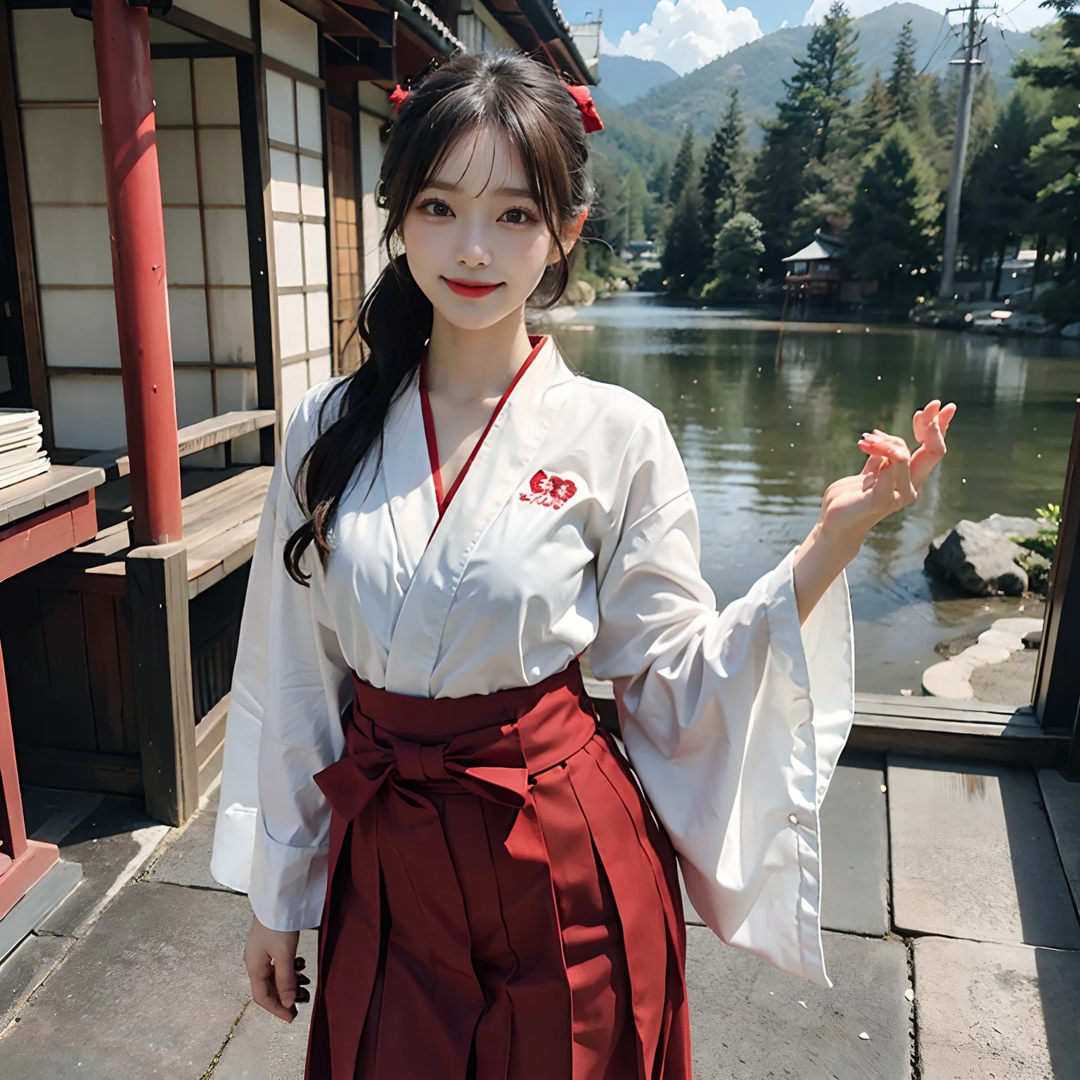 Woman in red skirt and white shirt is taking pictures, japanese girl school uniform, hakama kimono, Japan school uniform, Collar white and red, A Japanese style, Red kimono, Japanese style, traditional japanese, Wearing Hakama, japanese kimono,Outdoor background,The background is a shrine，No bra，feet visible ，You can see the valley ，cleavage of the breast ，Furisode ，Wide sleeves ，Wearing a priestess uniform ，Chest revealed ，The chest is visible ，japanes ，Natural smile ，standing athletic pose ，Standing ，full body seen ，fullbody image