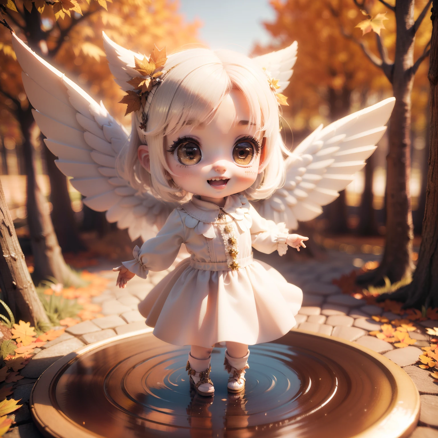 Cute Baby Chibi Anime,(((Chibi 3D))) (Best Quality) (Master Price)、Chibi Angel、Open your mouth and smile、A detailed face、Floating in the air、White hair、Jewelry Decoration Costumes、Sun shining in the morning sun、Autumn foliage in the fairy tale autumn forest、the presence of wings from the back,