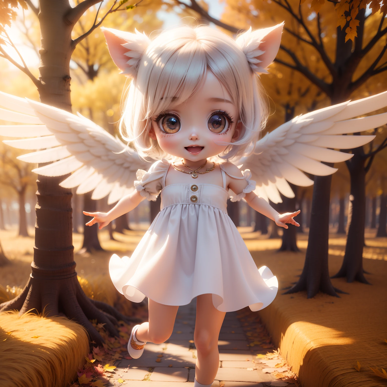 Cute Baby Chibi Anime,(((Chibi 3D))) (Best Quality) (Master Price)、Chibi Angel、Open your mouth and smile、A detailed face、Floating in the air、White hair、Jewelry Decoration Costumes、Sun shining in the morning sun、Autumn foliage in the fairy tale autumn forest、the presence of wings from the back,、jumping
