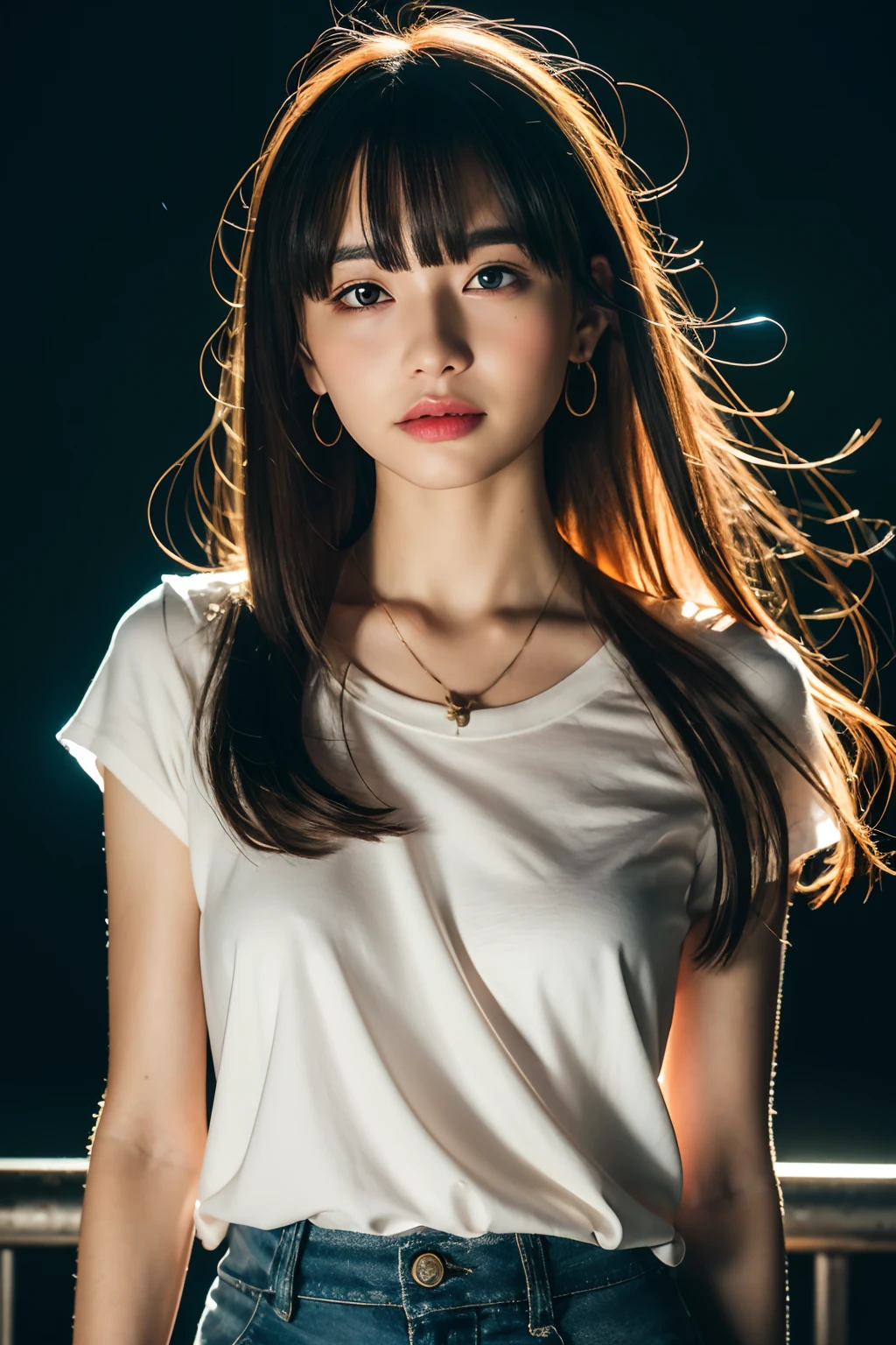 (8k, RAW photo, best quality, masterpiece:1.2), ultra detailed, ultra high res,
(realistic, photo realistic:1.37), portrait, high detail RAW color photo, professional photograph,
an extremely delicate and beautiful, extremely detailed, 8k wallpaper, Amazing, finely detail, huge file size, official art, extremely detailed CG unity 8k wallpaper,
extremely detailed beautiful girl, extremely detailed face, extremely detailed eyes, extremely detailed skin, extremely detailed fingers, extremely detailed nose, extremely detailed mouth,  perfect anatomy, highly detailed background, extremely detailed clothing,
1girl, (18 years old:1.2), teenage, cute girl, famous japanese idol, kawaii,
(small breasts:1.2), realistic body, petite,
fair skin, shiny skin, slender body, good figure,
black hair, long straight hair, (blunt bangs:1.2),
smile, cute, young, cute face, realistic face,
beautifully detailed eyes, drooping eyes,
t shirt, skirt, thigh, necklace, earrings,
looking at viewer, cowboy shot, face the front, standing posture, contrapposto,
outdoors, (night:1.2), neon city, neon light, neon sign, public, crowd,
dynamic lighting, HDR,