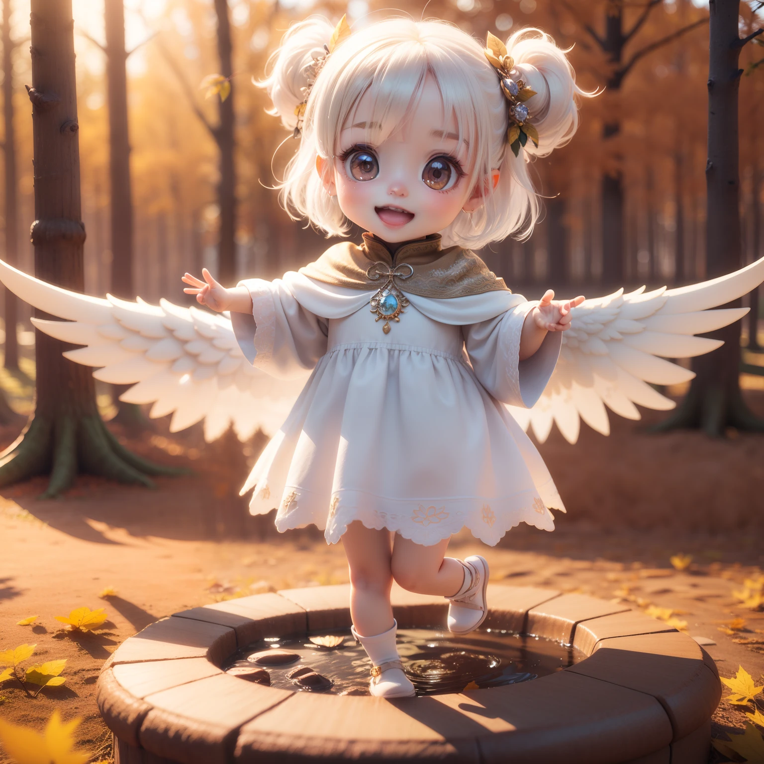 Cute Chibi Anime,(((Chibi 3D))) (Best Quality) (Master Price)、Chibi Angel、Open your mouth and smile、A detailed face、Floating in the air、White hair、Jewelry Decoration Costumes、Sun shining in the morning sun、Autumn foliage in the fairy tale autumn forest、the presence of wings from the back,、jumping