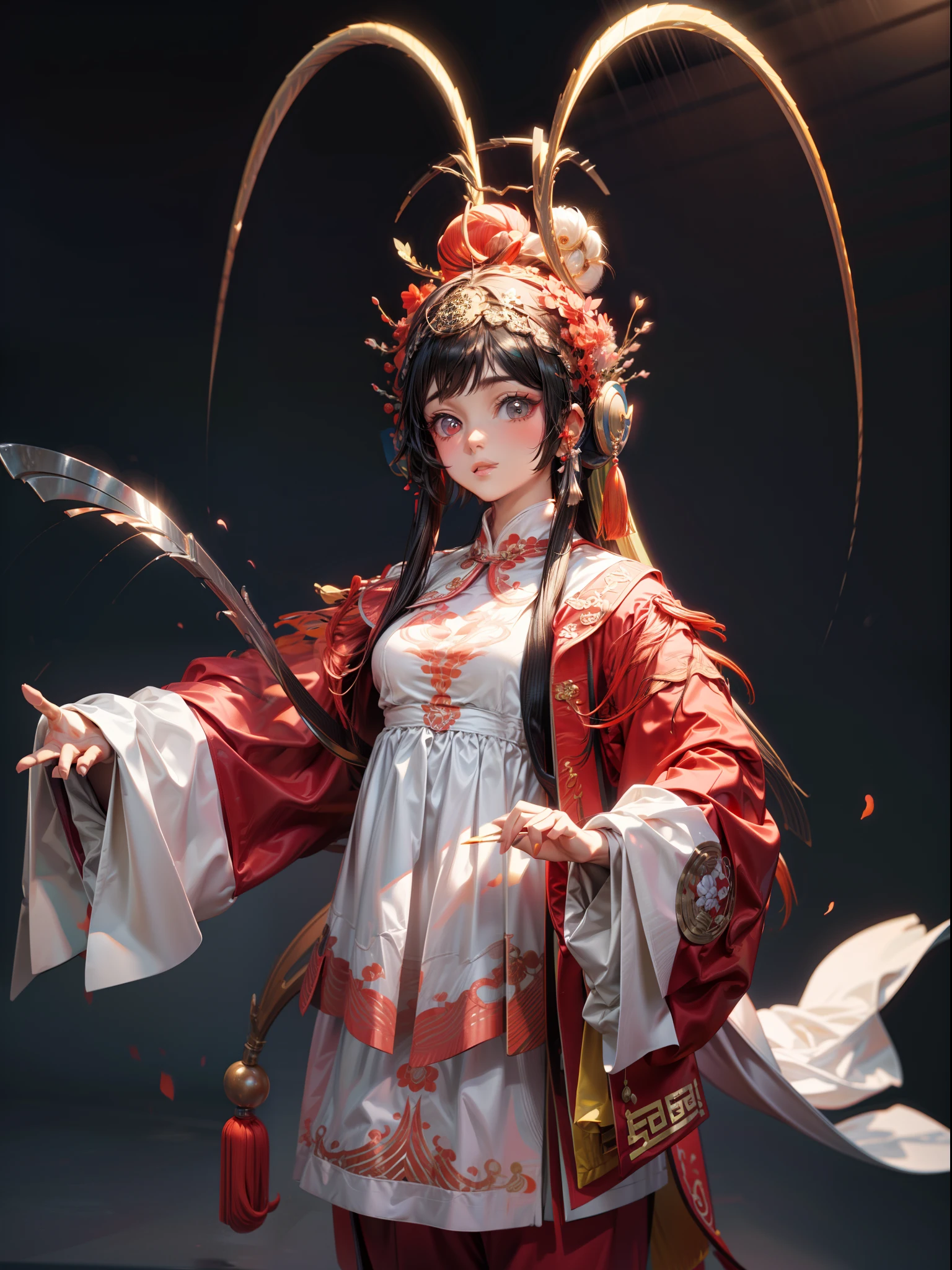 （ 8K， Dynamic action， pale washed out style， Dreamy nostalgia， Soft focus， dark halo， light leaks， Medium photography， Coarse grain photos， tmasterpiece， top-quality， 8K， realisticlying， Very dense CG， shiny skins，）(a girl: 1.8), Blue and white Peking Opera costumes，the Beijing Opera, attic internal background, bust, Chinese opera, Peking Opera costume, red pompoms headdress, Chinese elements, miniature photography, (scenario), blue| red| white color matching, grand, magnificent, happy expression of the characters, crazy and complex, the details of the super acme, elegant, gorgeous, super photo-realistic, super details