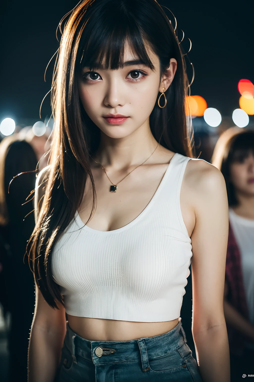 (8k, RAW photo, best quality, masterpiece:1.2), ultra detailed, ultra high res,
(realistic, photo realistic:1.37), portrait, high detail RAW color photo, professional photograph,
an extremely delicate and beautiful, extremely detailed, 8k wallpaper, Amazing, finely detail, huge file size, official art, extremely detailed CG unity 8k wallpaper,
extremely detailed beautiful girl, extremely detailed face, extremely detailed eyes, extremely detailed skin, extremely detailed fingers, extremely detailed nose, extremely detailed mouth, perfect anatomy, highly detailed background, extremely detailed clothing,
1girl, (18 years old:1.2), teenage, cute girl, famous japanese idol, kawaii,
(small breasts:1.2), realistic body, petite,
fair skin, shiny skin, slender body, good figure,
black hair, long straight hair, (blunt bangs:1.2),
smile, cute, young, cute face, realistic face,
beautifully detailed eyes, drooping eyes,
t shirt, skirt, thigh, necklace, earrings,
looking at viewer, cowboy shot, face the front, standing posture, contrapposto,
outdoors, (night:1.2), neon city, neon light, neon sign, public, crowd,
dynamic lighting, HDR,