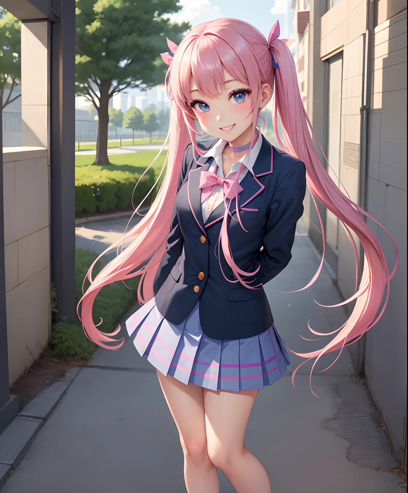masterpiece:1.2、hightquality、top-quality、hight resolution、detaileds、A hyper-realistic、Beautiful schoolgirl looking mature、adult-like、High School Uniform、Dark blue blazer、Pink mini skirt、Pink ribbon、long hair with pink twin tails,,,、Heart-shaped choker、Beautiful blue eyes、High school students、独奏、High school grounds、Turf Ground、Feeling standing、gazing at viewer、frontage、Same eye level、full body Esbian、birdie、rainbows、brilliance、portlate、Lovely smile、Woman showing teeth、(A detailed face)、((foco nítido))、((faces))、The upper part of the body_Body