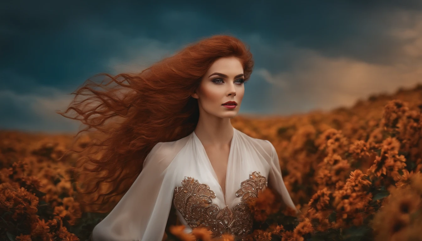 Mulher ruiva com olhos de cores diferentes, usando um terno