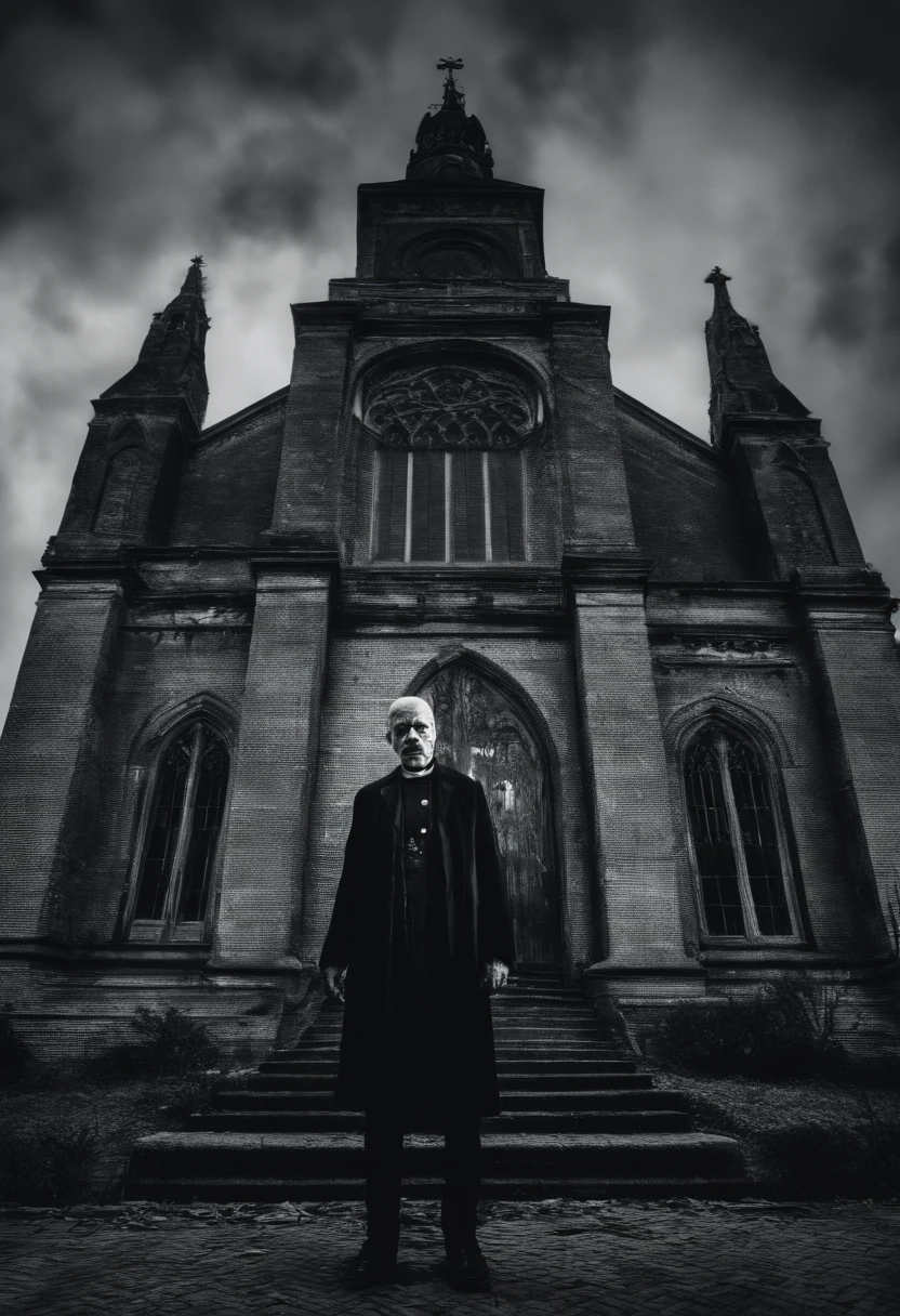 homem, padre maligno, padre do mal, olhar maligno, sorriso maligno, escuro, horror, tons verdeds, Gothic church in the background, ultra realistic, horror movie lighting, scary, chaos, neon lights in the background, realista, sombrio, huge breast, Fujifilm Fujichrome Provia 100F filme, lanterna, ultra realista, 8K UHD. --auto --s2