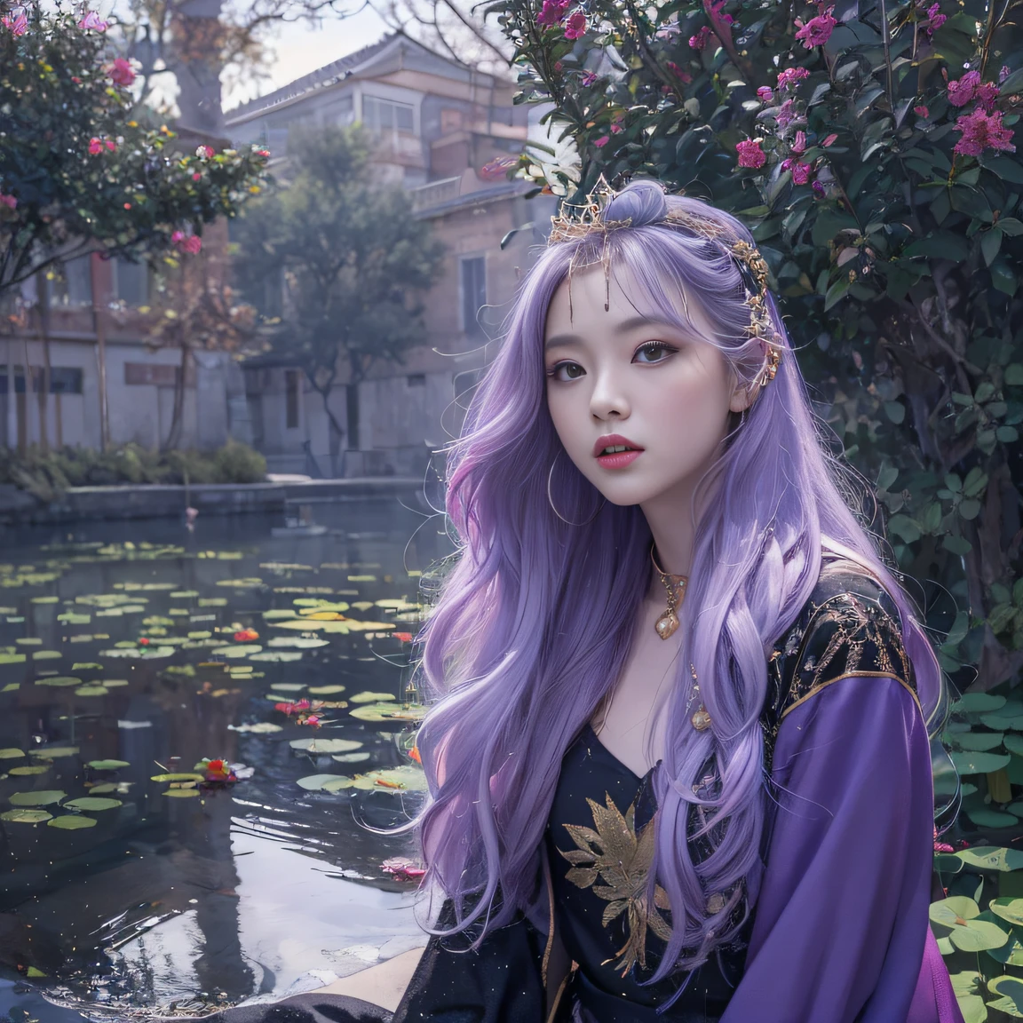 Genki Girl 32K(tmasterpiece,k hd,hyper HD,32K)Long flowing bright purple hair,Autumn Pond,zydink, a color, Asian people (Genki girl), (Silk scarf), Combat posture, looking at the ground, long whitr hair, Floating bright purple, Fire cloud pattern gold tiara, Chinese long-sleeved gold silk garment, (Abstract metaverse splash:1.2), white backgrounid,Lotus vitality protector(realisticlying:1.4),Bright purple hair,Smoke on the road,The background is pure, A high resolution, the detail, RAW photogr, Sharp Re, Nikon D850 Film Stock Photo by Jefferies Lee 4 Kodak Portra 400 Camera F1.6 shots, Rich colors, ultra-realistic vivid textures, Dramatic lighting, Unreal Engine Art Station Trend, cinestir 800,A girl with long flowing bright purple hair