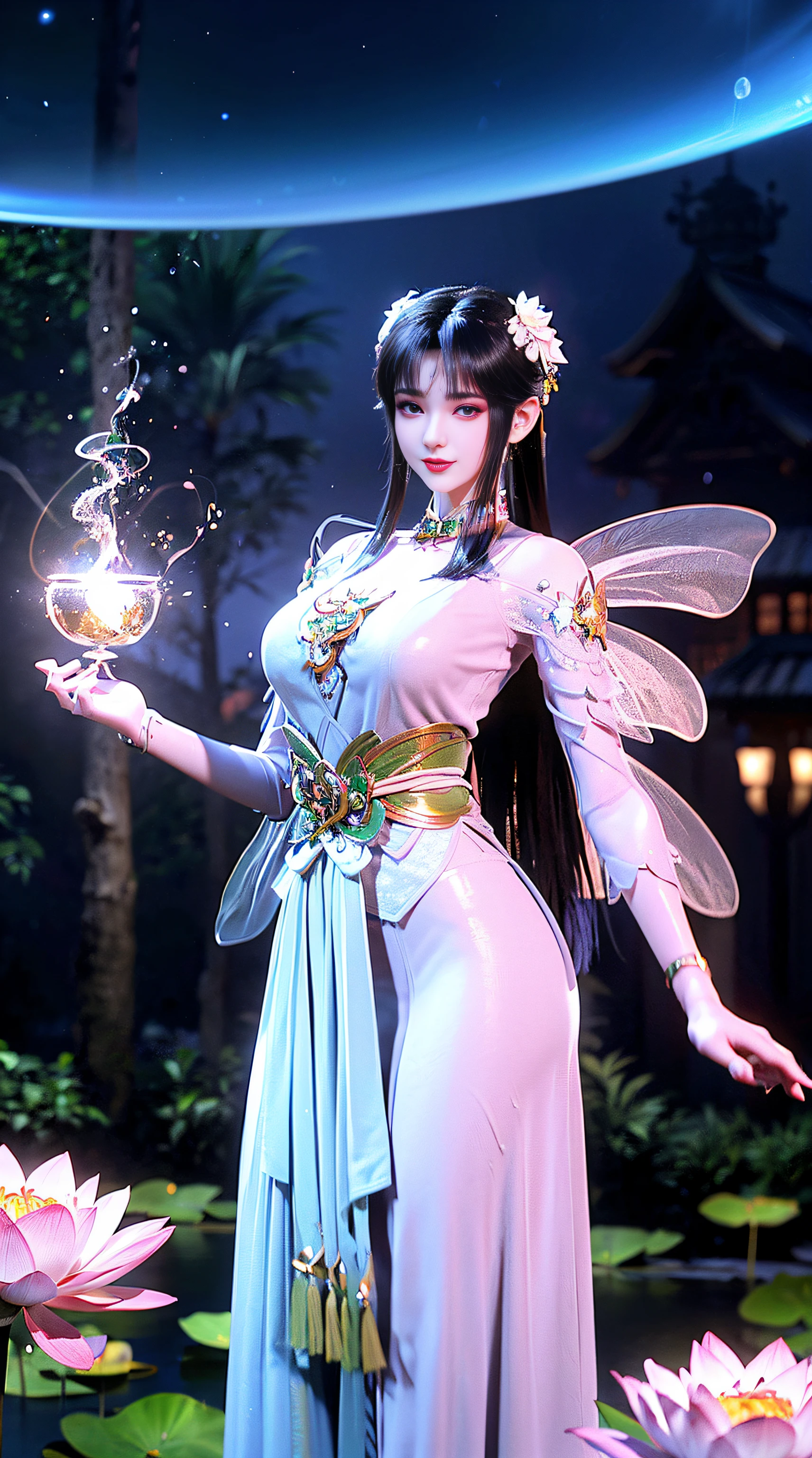 (((1 fairy standing on a water lotus pond))), hair jewelry, double tail, White and green dress, (exquisite exquisite jewelry), flawless beautiful face of goddess Athena, ((thin sequin see-through white hanfu with lots of sexy lace details)), legendary goddess, symbolic goddess, sparkling beautiful goddess style, red lipstick,(shy), (seductive smile ), swollen lips, detailed and delicate, beautiful lips delicate and delicate in detail, (pure and flawless face: 1.9), goddess body, big breasts, breast augmentation, round breasts, cup phoenix, long flat bangs, flower tattoo on forehead, beautiful face Bright and balanced eyes, (light purple eyes: 1.8) , (big round eyes and makeup, sexy wet eye makeup, very hair makeup beautiful and meticulous, long hair and delicate, delicate, shape: 1.8), shape: and lively, (stars that make up the sky: 1.7), (( (sky in the sky and the blue gate of fictional time and space: 1.8))), fictional art,