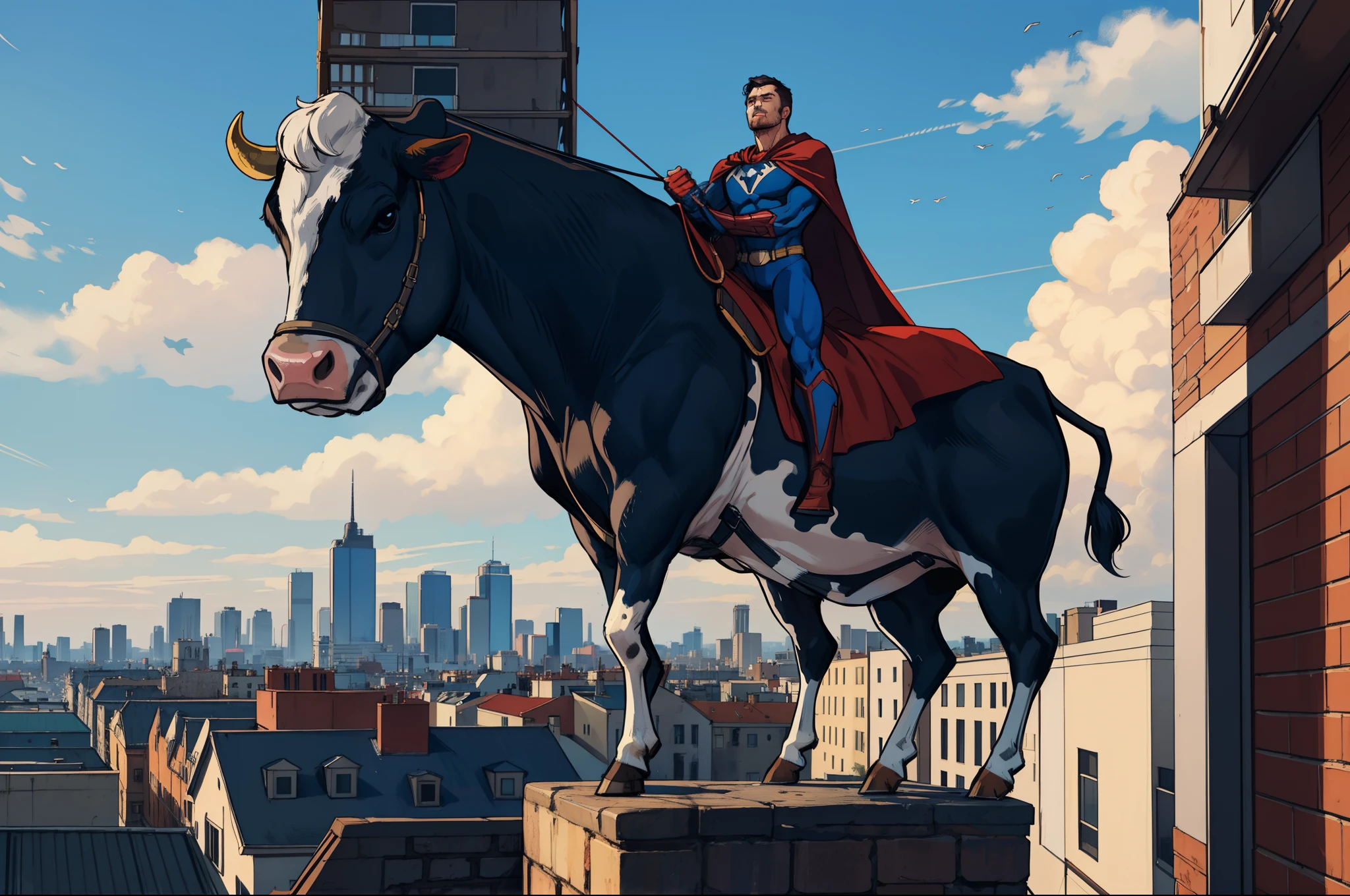 Superhero cow wearing a cape, muscles, standing on top of a building triumphant overlooking the city