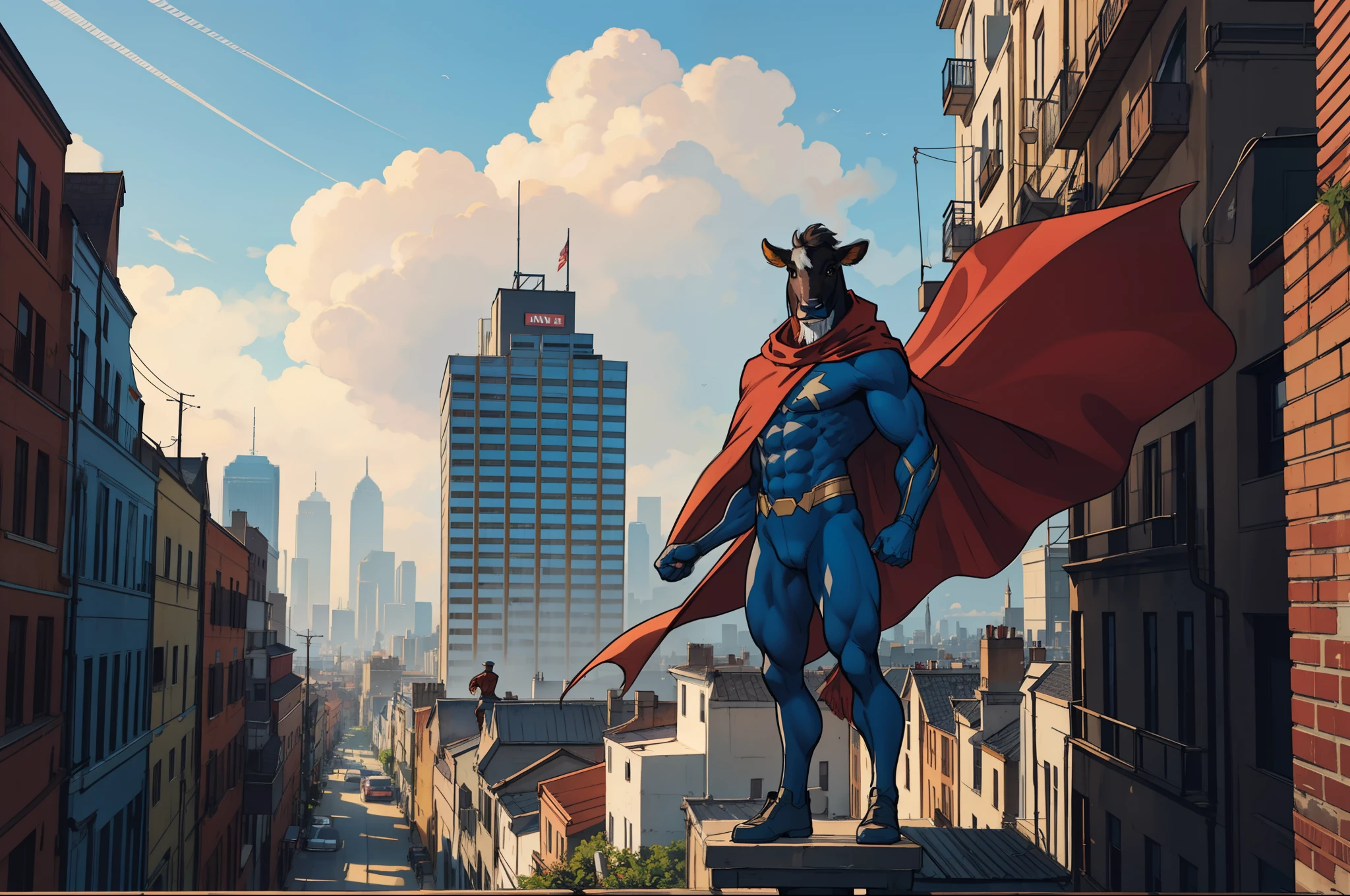 Superhero cow wearing a cape, muscles, standing on top of a building triumphant overlooking the city