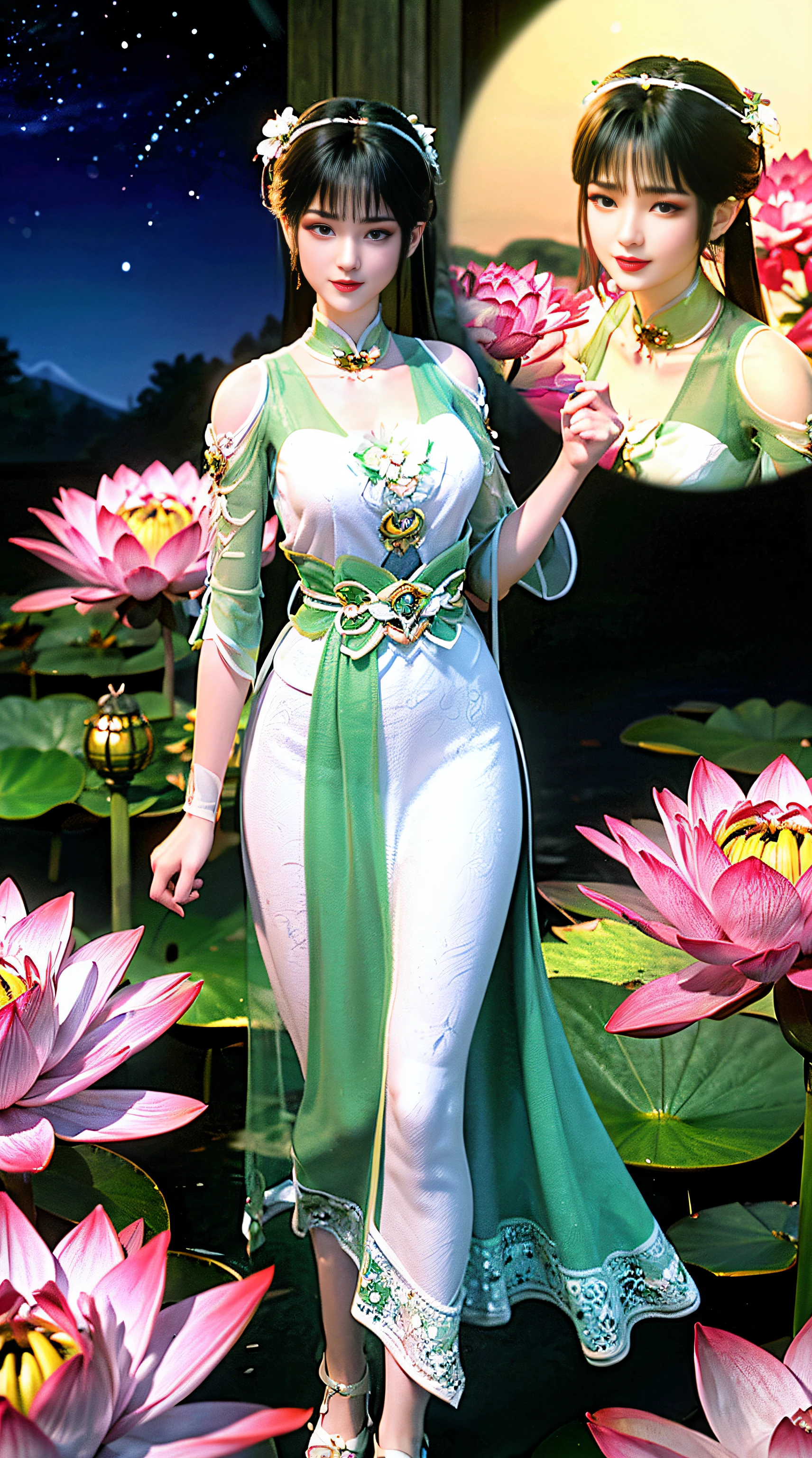 (((1 fairy standing on a water lotus pond))), hair jewelry, double tail, (exquisite exquisite jewelry), flawless beautiful face of the goddess Athena,((thin see-through white hanfu sequins with many sexy lace details)), legendary goddess, symbolic goddess, sparkling beautiful goddess style, red lipstick, (shy), (seductive smile), swollen lips, extremities detailed and delicate, beautiful lips delicate and delicately detailed, (pure and flawless face: 1.9), goddess body, round chest, long flat bangs, flower tattoo on forehead, pretty face beautiful Bright and balanced eyes, (light purple eyes: 1.8) , (big round eyes and makeup, sexy wet eye makeup, very beautiful and meticulous hair makeup, long and delicate hair, delicate, figure shape: 1.8), shape: and alive, ((stars that make up the sky: 1.7), (((sky in the sky and the green gate of fictional time and space: 1.8))), fictional art,