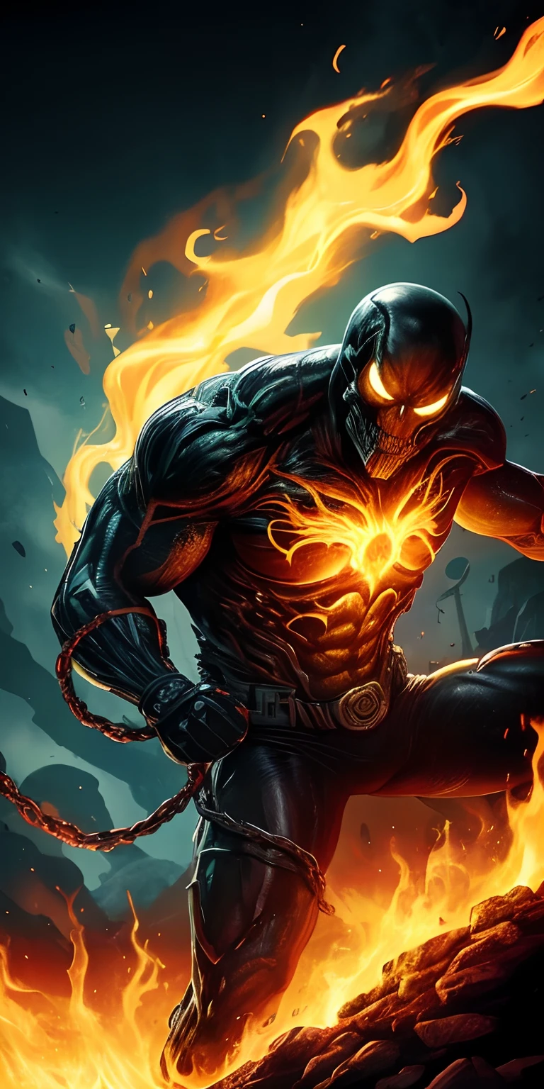 close up, Venom Ghost Rider from Marvel Comics, Ghost, Dark, gotik, 3d, Ultra Detailed, blue transparent smoke around, realistic style, Old Night Pond, full - body,