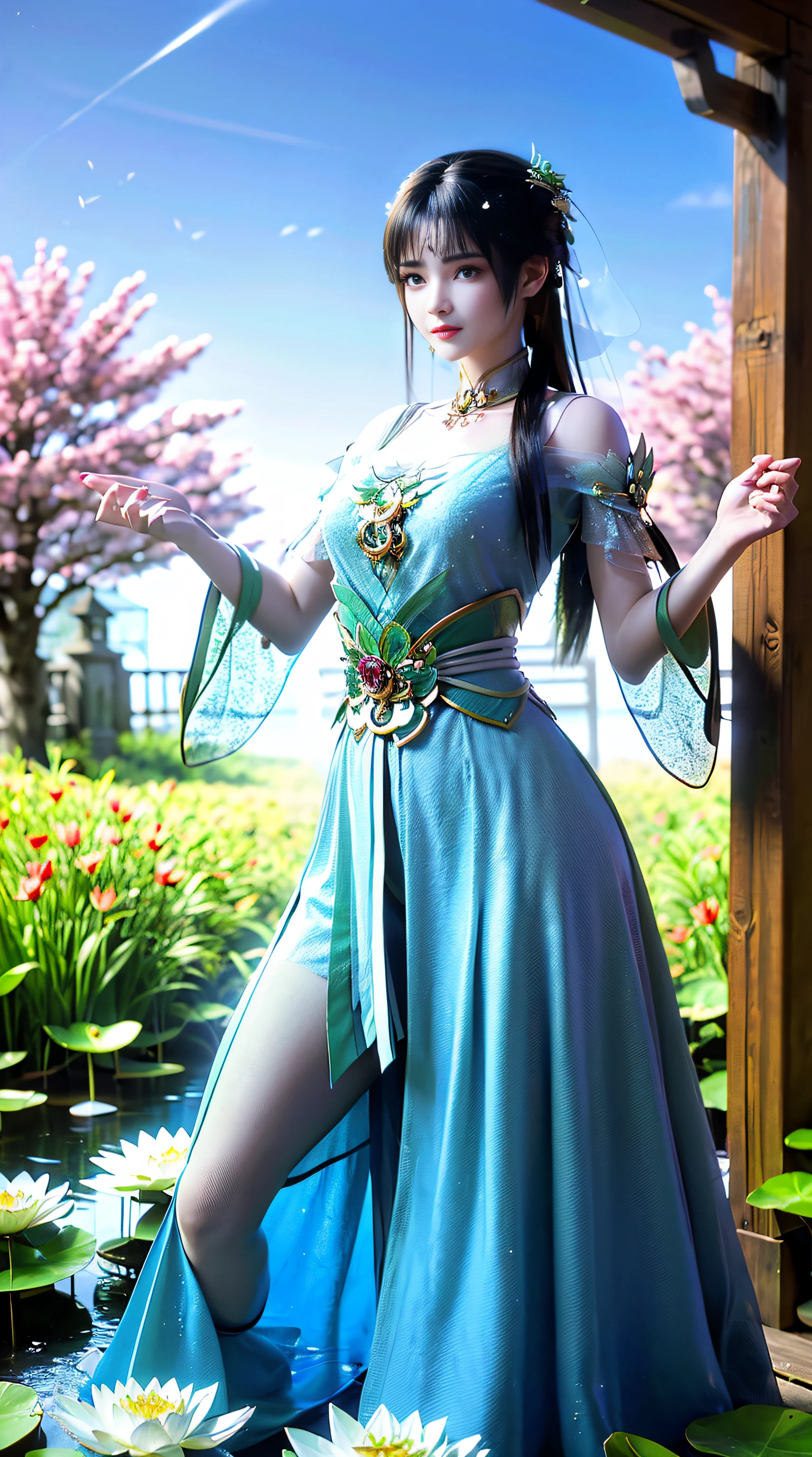 (((1 fairy standing on a water lotus pond))), hair jewelry, double tail, (exquisite exquisite jewelry), flawless beautiful face of the goddess Athena,((thin see-through white hanfu sequins with many sexy lace details)), legendary goddess, symbolic goddess, sparkling beautiful goddess style, red lipstick,(shy), detailed and delicate, delicate and delicate beautiful lips detail, (clean and flawless face: 1.9), goddess body, round chest, long flat bangs, flower tattoo on forehead, beautiful face Bright and balanced eyes, (purple eyes light: 1.8) , (big round eyes and makeup, sexy wet eye makeup, very beautiful and meticulous hair makeup, long hair and delicate, delicate, shape: 1.8), shape: and lively , ((stars that make up the sky: 1.7), (((sky in the sky and the blue gate of fictional time and space: 1.8))), fictional art, night sky