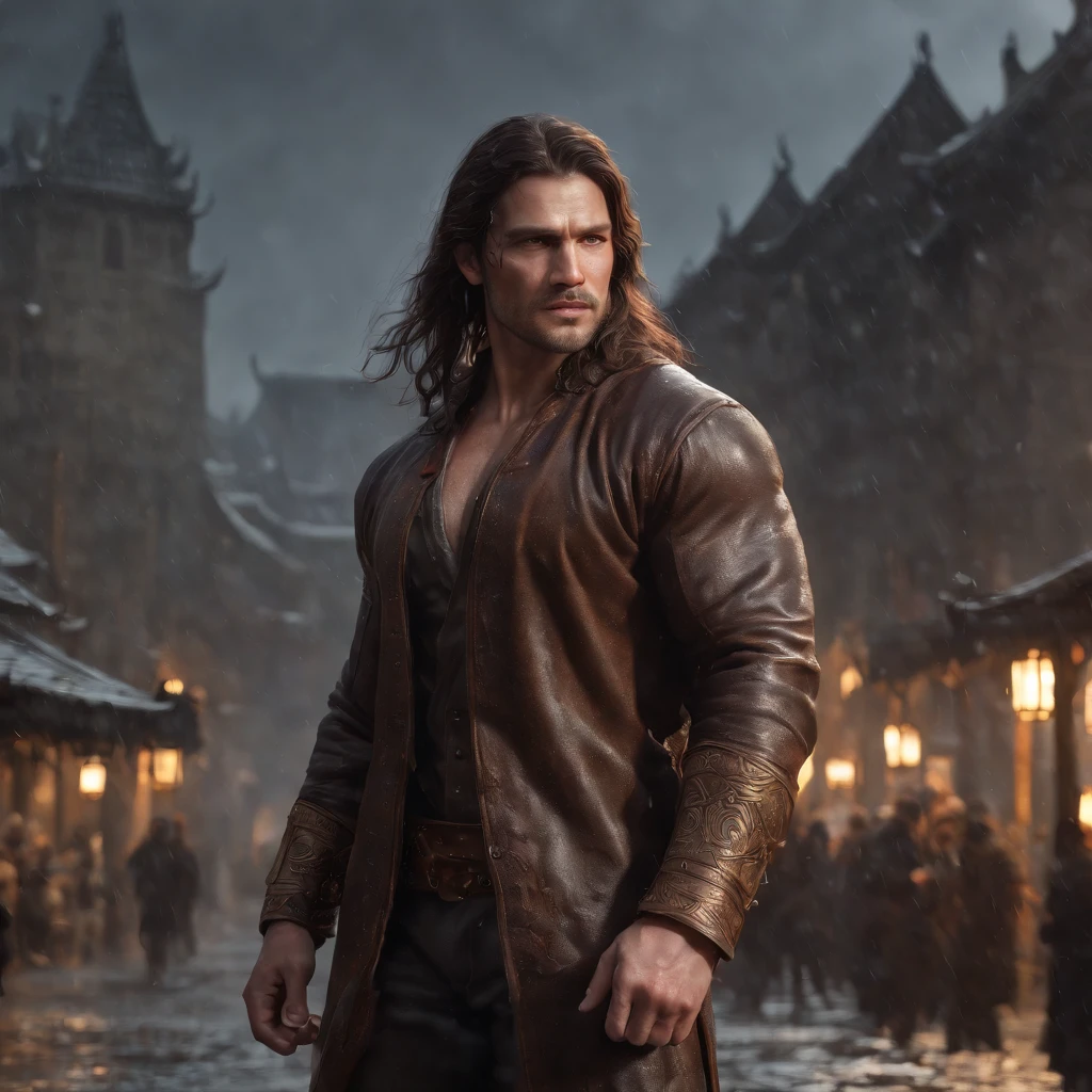 (professional 3d render:1.3) af (Realistic:1.3) The most beautiful artistic photo in the world,Soft function, Bright male hero, ((Epic hero fantasy rough muscular man wet hero angry looks long hair, short beard and fierce expression in dynamic pose, Fantastic location, Majestic and cluttered environment)), Full body 8K unit rendering, action shot, skin pore, very dark lighting, heavy shading, A detailed, Detal Face, (vibration, Realistic photography, Realistic, Dramatic, darkly, foco nítido, 8K), (Old leather clothing damaged due to bad weather:1.4), ((((Use skins)))), (复杂:1.4), decadent, (highly detailed:1.4), digitial painting, rendering by octane, art stations, concept-art, Liso, foco nítido, illustration, From the germ of art, (loish:0.23), wlop ilya kuvshinov, e Greg Rutkowski e Alphonse Mucha Gracias, (global ilumination, studiolight, Light volume), very heavy rain, Floating particles, lotr, fanciful, biz, Inteiroesbian body, ((Dark and ancient city background:1.3)),CGSesocieda,art stations,Full body like,large muscle,Thick pectoral muscles