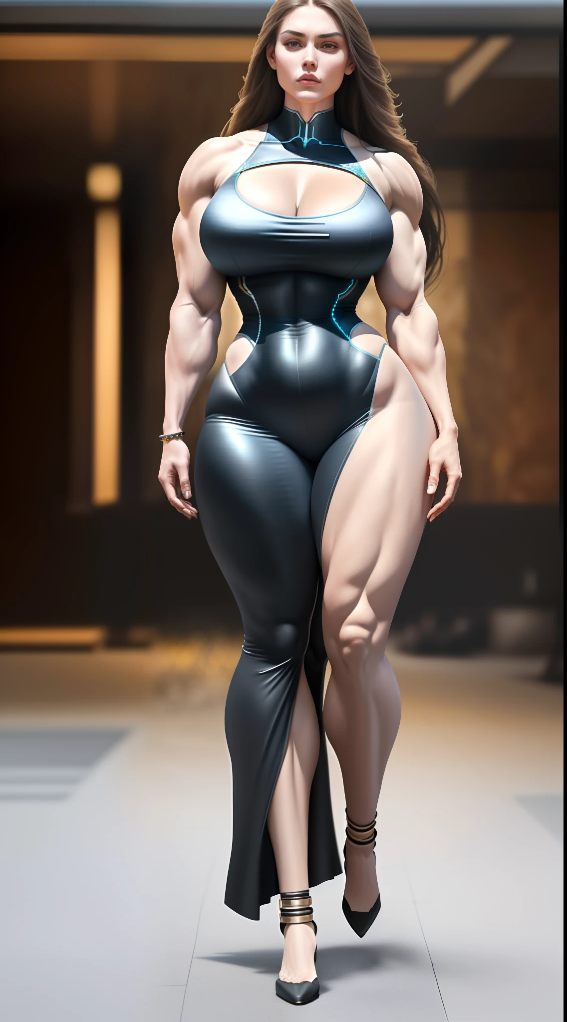 Capture her body from head to toe，(Best quality,4K,high resolution,Masterpiece:1.2),Ultra-detailed,(Realistic,Photorealistic,photo-realistic:1.37),Tall and strong woman, Perfect face, barely clothed,
Muscular body, Has extra-long hair that drags on the ground like a waterfall, Unbelievably exaggerated proportions, Huge hourglass figure, Huge and exaggerated rear, Full body mechanical jewelry, iintricate、immaculately detailed, Capture her entire body from head to toe.