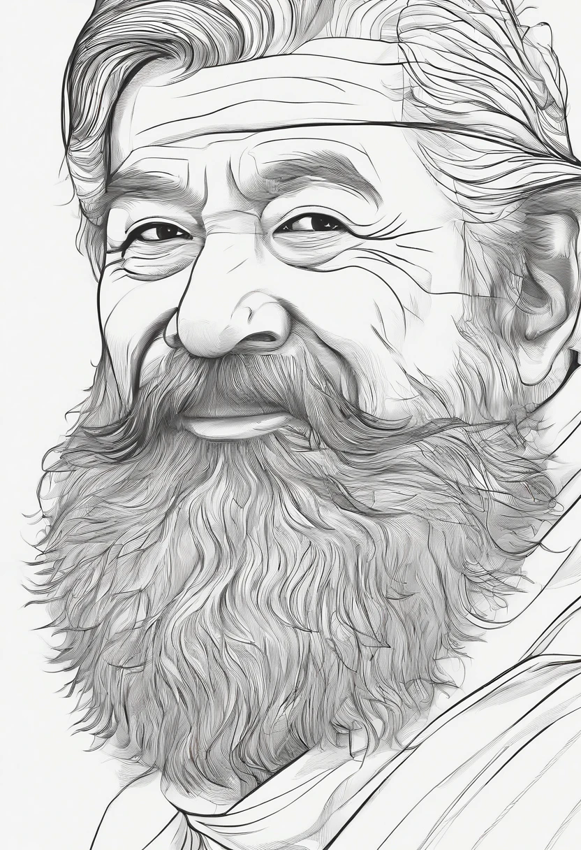Asian bearded grandpa face head close-up,The lines are smooth and beautiful,Abstract exaggeration,higher details