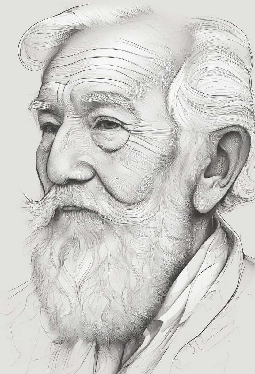 Asian bearded grandpa face head close-up，The lines are smooth and beautiful，Abstract exaggeration，higher details