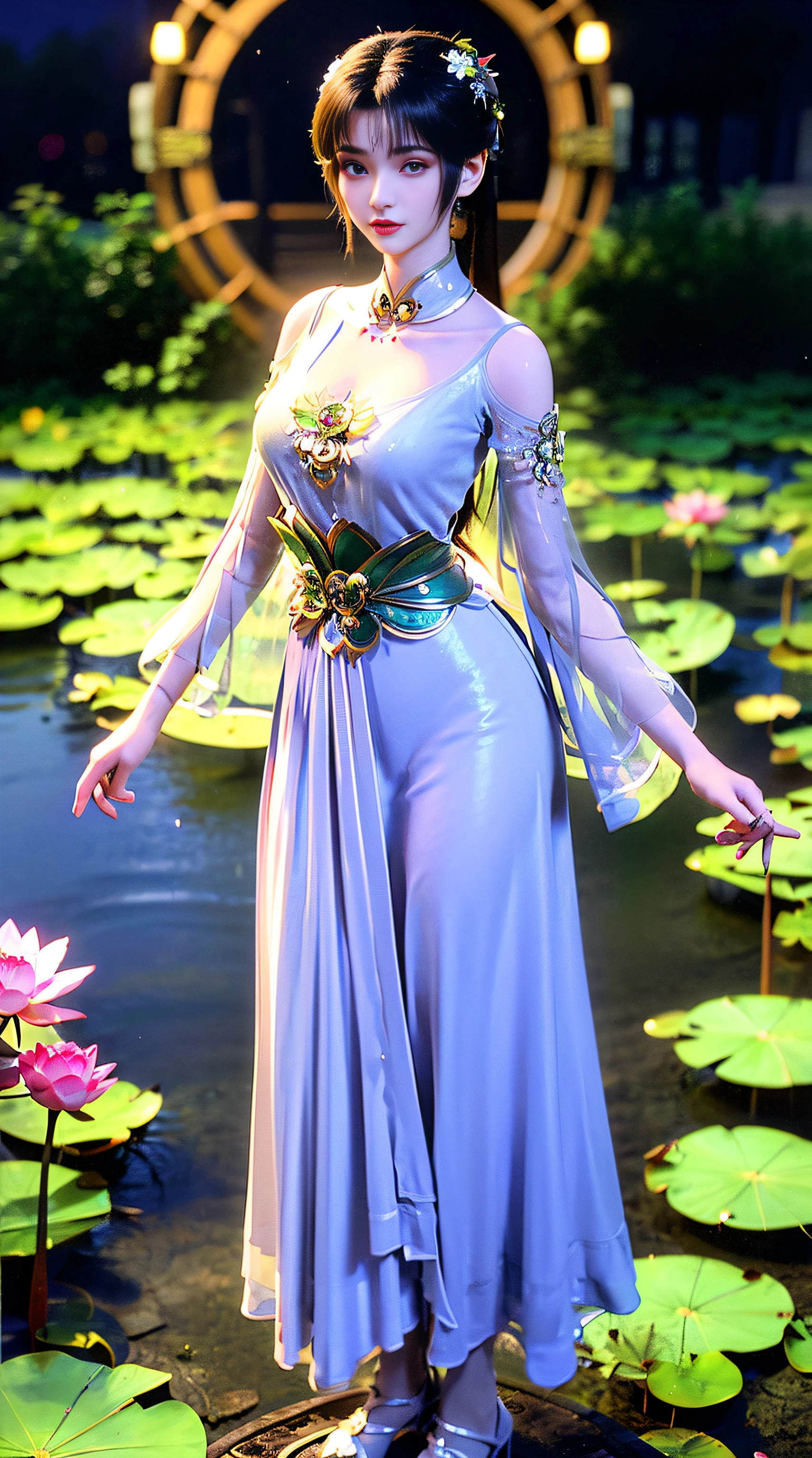 (((1 fairy standing on a lotus pond))), short dress, hair jewelry, double tail, (exquisite jewelry), flawless beautiful face of the goddess Athena,((white hanfu thin see-through sequins with lots of sexy lace details)), legendary goddess, symbolic goddess, sparkling beautiful goddess style, red lipstick,(shy), detailed and delicate, delicate beautiful lips delicate and detailed, (pure and flawless face: 1.9), goddess body, round chest, long flat bangs, flower tattoo on forehead, beautiful face Bright and well-proportioned eyes, (light purple eyes: 1.8) , (big round eyes and makeup, sexy wet eye makeup, very beautiful and meticulous hair makeup, long and delicate hair, delicate, shape: 1.8), shape: and alive, ((stars that make up the sky: 1.7), (((sky in the sky and the blue gate of fictional time and space: 1.8))), fictional art, night sky