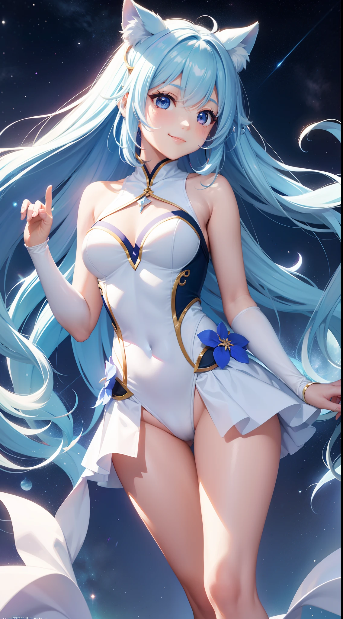 Super Idol a beauty girl A charming smile sky blue hair length hair Twin-tailed White leotard costume with bright skin Mystical Fantasia constellation a moon Crystal Brilliance Aurora Borealis in the Night Sky