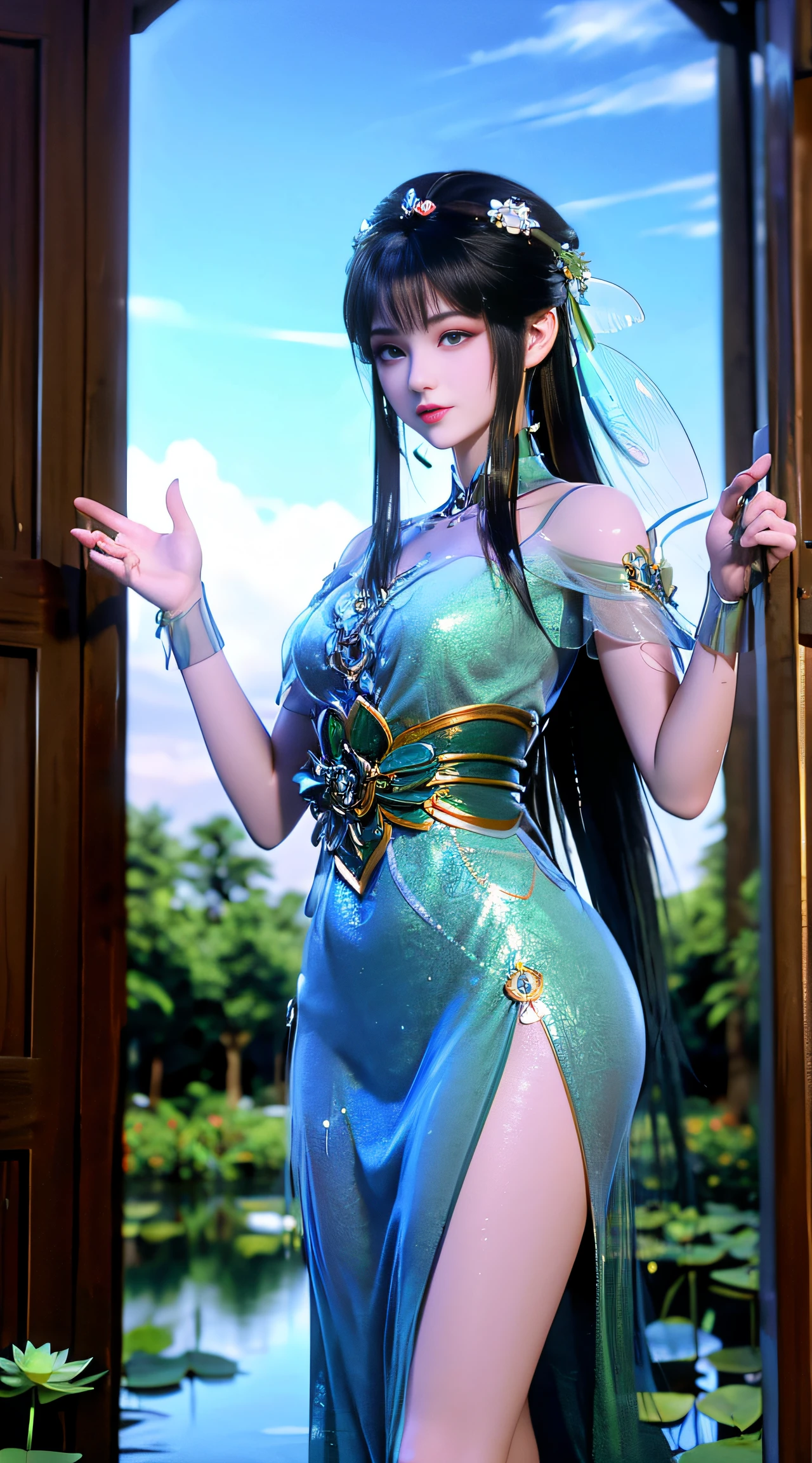 (((1 fairy standing on a lotus pond))), ((short dress)), hair jewelry, double tail, (exquisite and exquisite jewelry), flawless beautiful face of goddess Athena, ((hanfu white blue see-through thin sequins with many details )), legendary goddess, symbolic goddess, sparkling beautiful goddess style, red lipstick,(shy), detailed and delicate, lips delicate and delicately detailed beauty, (clear and flawless face: 1.9), goddess body, round chest, long flat bangs, flower tattoo on forehead, beautiful face Bright and balanced eyes for, (light purple eyes: 1.8) , (big round eyes and makeup, sexy wet eye makeup, very beautiful and meticulous hair makeup, long and delicate hair, delicate, shape: 1.8), shape shape: and alive, ((stars that make up the sky: 1.7), (((sky in the sky and the blue gate of fictional time and space: 1.8))), fictional art, sky night