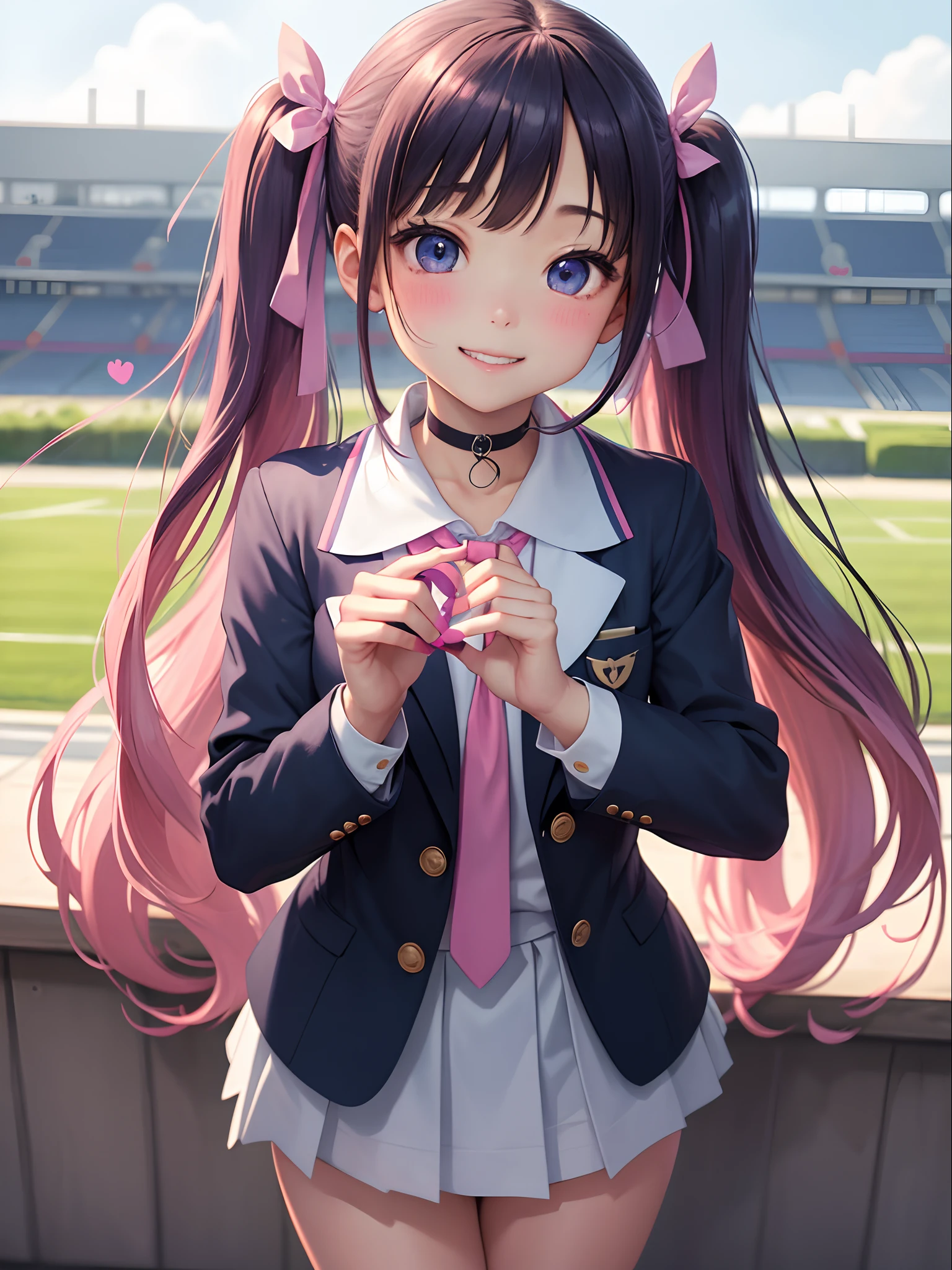 masterpiece:1.2、hightquality、top-quality、hight resolution、detaileds、A hyper-realistic、Beautiful schoolgirl looking mature、adult-like、High School Uniform、Dark blue blazer、Pink mini skirt、Pink ribbon、long hair with pink twin tails,,,,,、Heart-shaped choker、Beautiful blue eyes、full bodyesbian、High school students、独奏、High school grounds、Turf Ground、gazing at viewer、frontage、Same eye level、full body Esbian、birdie、rainbows、brilliance、portlate、Lovely smile、Woman showing teeth、(A detailed face)、((foco nítido))、((faces))、The upper part of the body_Body