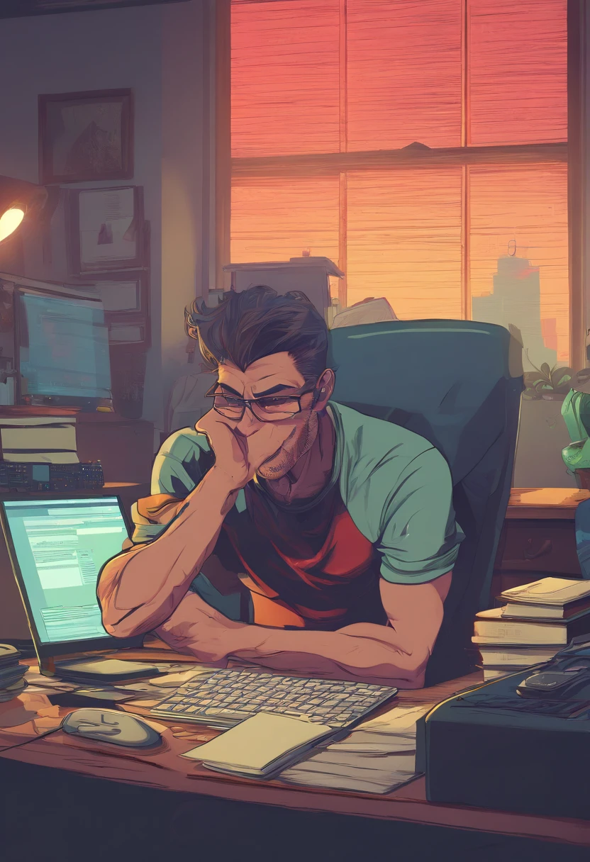 discouraged man in front of computer,computer screen,frustrated expression,overwhelmed feeling,broken laptop,poor posture,stressful environment,exhausted face,sighing gesture,slumped shoulders,dark room,isolated atmosphere,dimmed lighting,gray color palette,low saturation,desperate mood,heavy atmosphere,blurry vision,heavy workload,burnout,unproductive,lack of motivation,under pressure,late hours,long hours of work,dropping productivity,no progress,unresolved problems,wasted time,unfulfilled expectations,mental exhaustion,disappointment,loss of hope,headache,messy desk,locked creativity,uninspired,empty coffee cup,unfinished tasks,continuous distractions,ticking clock,quiet surroundings,frustrating technical glitch,drained energy,disconnected from others,loneliness,isolated from the world,unanswered emails,no social interaction,unfulfilled dreams,dissatisfaction. (best quality,4k,8k,highres,masterpiece:1.2),ultra-detailed,(realistic,photorealistic,photo-realistic:1.37),digital painting,dark and gritty style,lack of vibrancy,monochromatic tones,soft shadows,subtle highlights,endless struggle,mental barrier,broken spirit,desire for change,cognitive overload.