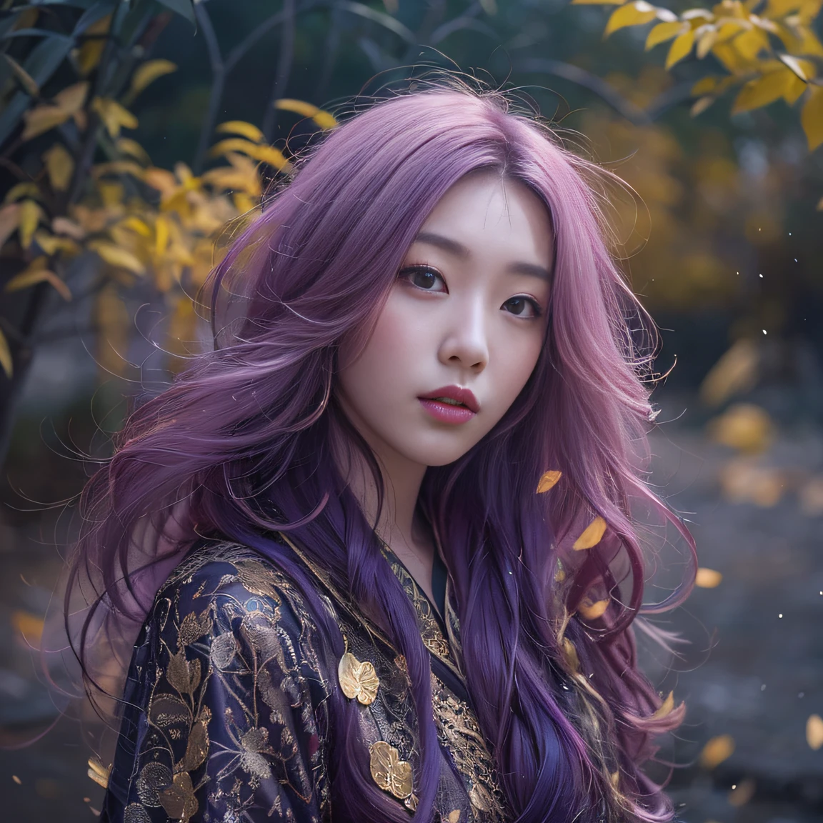 Genki Girl 32K（tmasterpiece，k hd，hyper HD，32K）Long flowing bright purple hair，Autumn Pond，zydink， a color， Asian people （Genki girl）， （Silk scarf）， Combat posture， looking at the ground， long whitr hair， Floating bright purple， Fire cloud pattern gold tiara， Chinese long-sleeved gold silk garment， （Abstract metaverse splash：1.2）， white backgrounid，Lotus vitality protector（realisticlying：1.4），Bright purple hair，Smoke on the road，The background is pure， A high resolution， the detail， RAW photogr， Sharp Re， Nikon D850 Film Stock Photo by Jefferies Lee 4 Kodak Portra 400 Camera F1.6 shots, Rich colors, ultra-realistic vivid textures, Dramatic lighting, Unreal Engine Art Station Trend, cinestir 800，A girl with long flowing bright purple hair