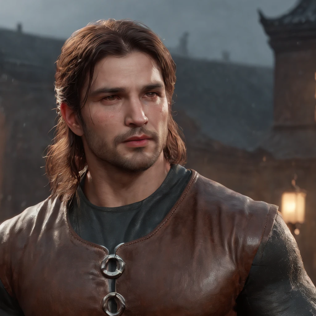 (professional 3d render:1.3) af (Realistic:1.3) The most beautiful artistic photo in the world，soft features, Smart male hero, ((Epic hero fantasy rough muscular man wet hero angry looks long hair, Intense expression of short beard and dynamic pose, Fantastic location, Majestic and cluttered environment)), Full body 8K unit rendering, action  shot, skin pore, very dark lighting, heavy shading, A detailed, Detal Face, (vibration, Realistic photography, Realistic, Dramatic, darkly, foco nítido, 8K), (Old leather clothing damaged due to bad weather:1.4), ((((Use skins)))), (复杂:1.4), decadent, (highly  detailed:1.4), digitial painting, rendering by octane, art  stations, concept-art, Liso, foco nítido, illustration, From the budding of art, (loish:0.23), wlop ilya kuvshinov, e Greg Rutkowski e Alphonse Mucha Gracias, (global ilumination, studiolight, Amount of light), very heavy rain, Floating particles, lotr, fanciful, biz, Inteiroesbian body, ((Dark and ancient city background:1.3)),CGSesocieda,art  stations，Full body like，large muscle，Thick pectoral muscles