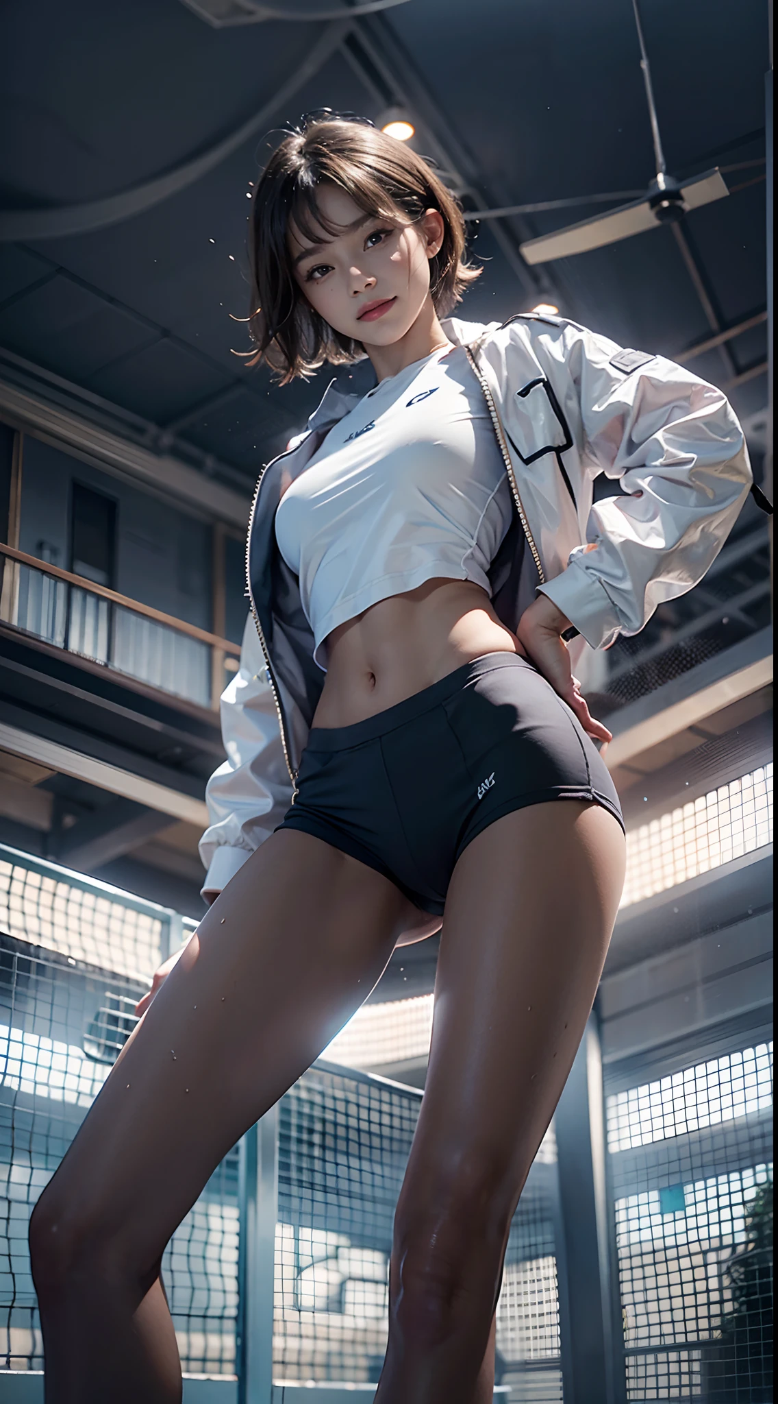 (NSFW), 1womanl, Solo, 24 year old, 7headed body, (cute face), (Ideal ratio body proportions), long , tennis coat, Tennis Player, I can see my stomach, Eroi body, from below looking up, Wearing sweat, The costume is sheer, Wet, Smiling smile, short-hair, Dark hair, small tits, A slender, Small buttocks, beauty legs, Skinny Legs, surrealism, Cinematic lighting, depth of fields, One-person viewpoint, F/1.8, 135 mm, nffsw, masutepiece, ccurate, ((Anatomically correct)), Textured skin, Super Detail, high details, High quality, awardwinning, Best Quality, hight resolution, 8K