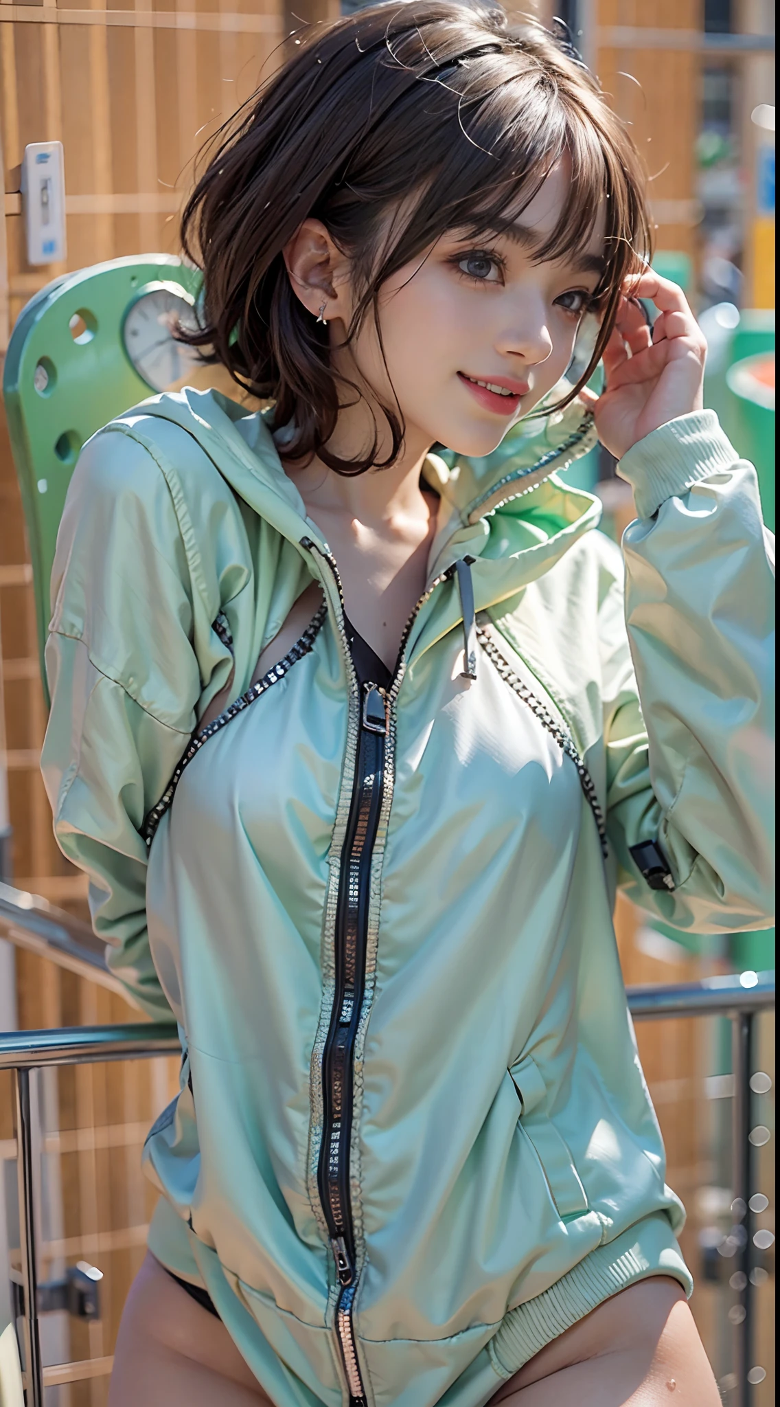 (NSFW), 1womanl, Solo, 24 year old, 7headed body, (cute face), (Ideal ratio body proportions), long , tennis coat, Tennis Player, I can see my stomach, Eroi body, from below looking up, Wearing sweat, The costume is sheer, Wet, Smiling smile, short-hair, Dark hair, small tits, A slender, Small buttocks, beauty legs, Skinny Legs, surrealism, Cinematic lighting, depth of fields, One-person viewpoint, F/1.8, 135 mm, nffsw, masutepiece, ccurate, ((Anatomically correct)), Textured skin, Super Detail, high details, High quality, awardwinning, Best Quality, hight resolution, 8K