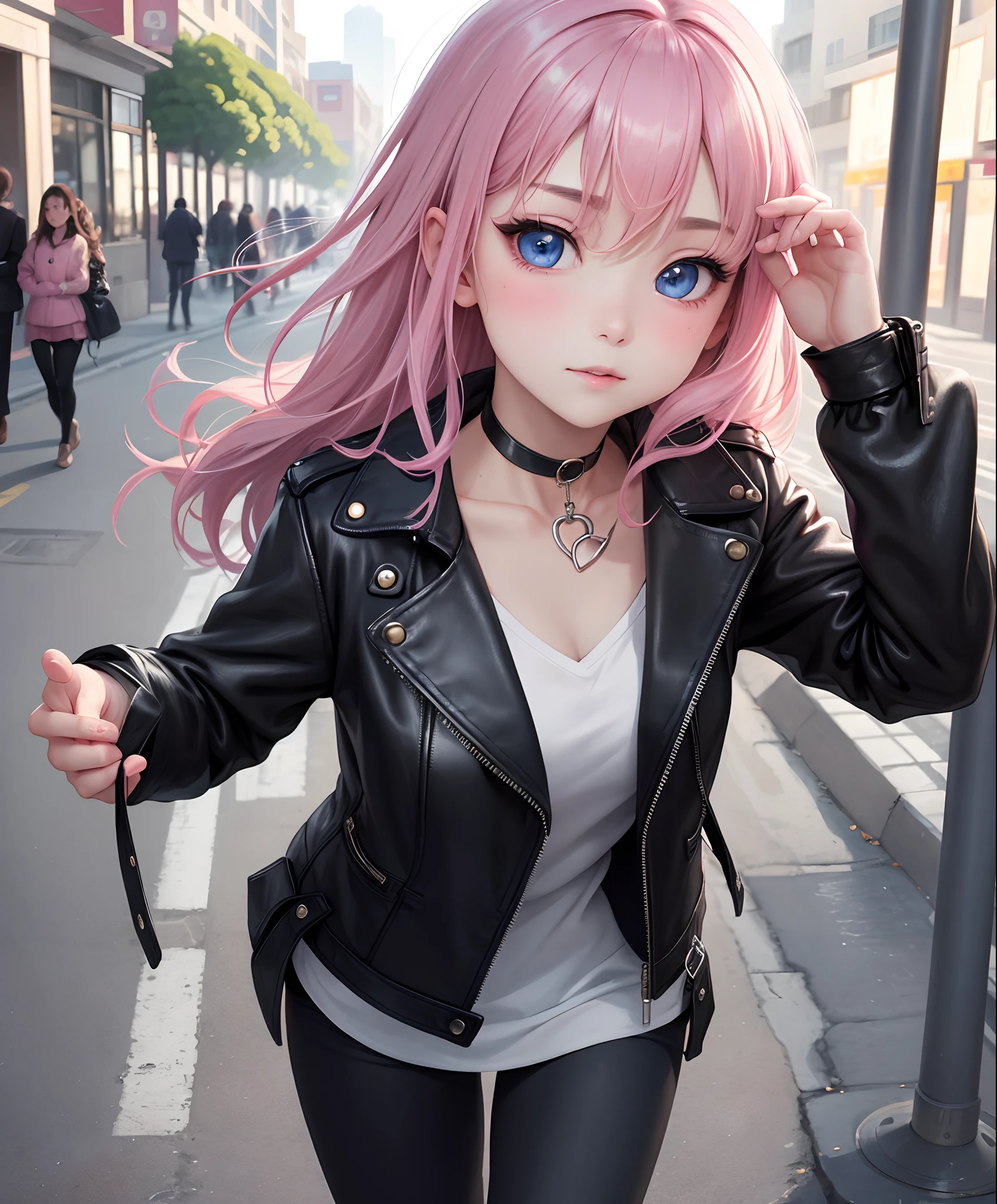 masterpiece:1.2、hightquality、top-quality、hight resolution、detaileds、A hyper-realistic、Beautiful female detective who looks mature、Adults、Black leather jacket、Black Leather Jeans Mini Skirt、Heart-shaped choker、Hair is pink、Beautiful blue eyes、Female Detective、独奏、street corner、Feeling standing、gazing at viewer、full body Esbian、birdie、rainbows、brilliance、portlate、cool expression、a cool、(A detailed face)、((foco nítido))、((faces))、The upper part of the body_Body
