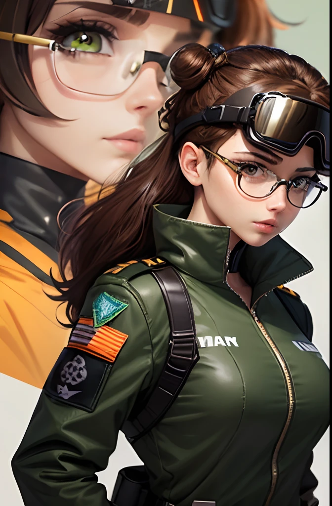 Woman in pilot uniform, Wearing very large futuristic VR goggles on your head, the hair on the head is dark brown, The hair on the head is tied into one, Big eyes、The eyes are orange, Large black-rimmed glasses, Freckles on the cheeks, Please wear an army green color flight jacket , The skin color is tanned dark brown