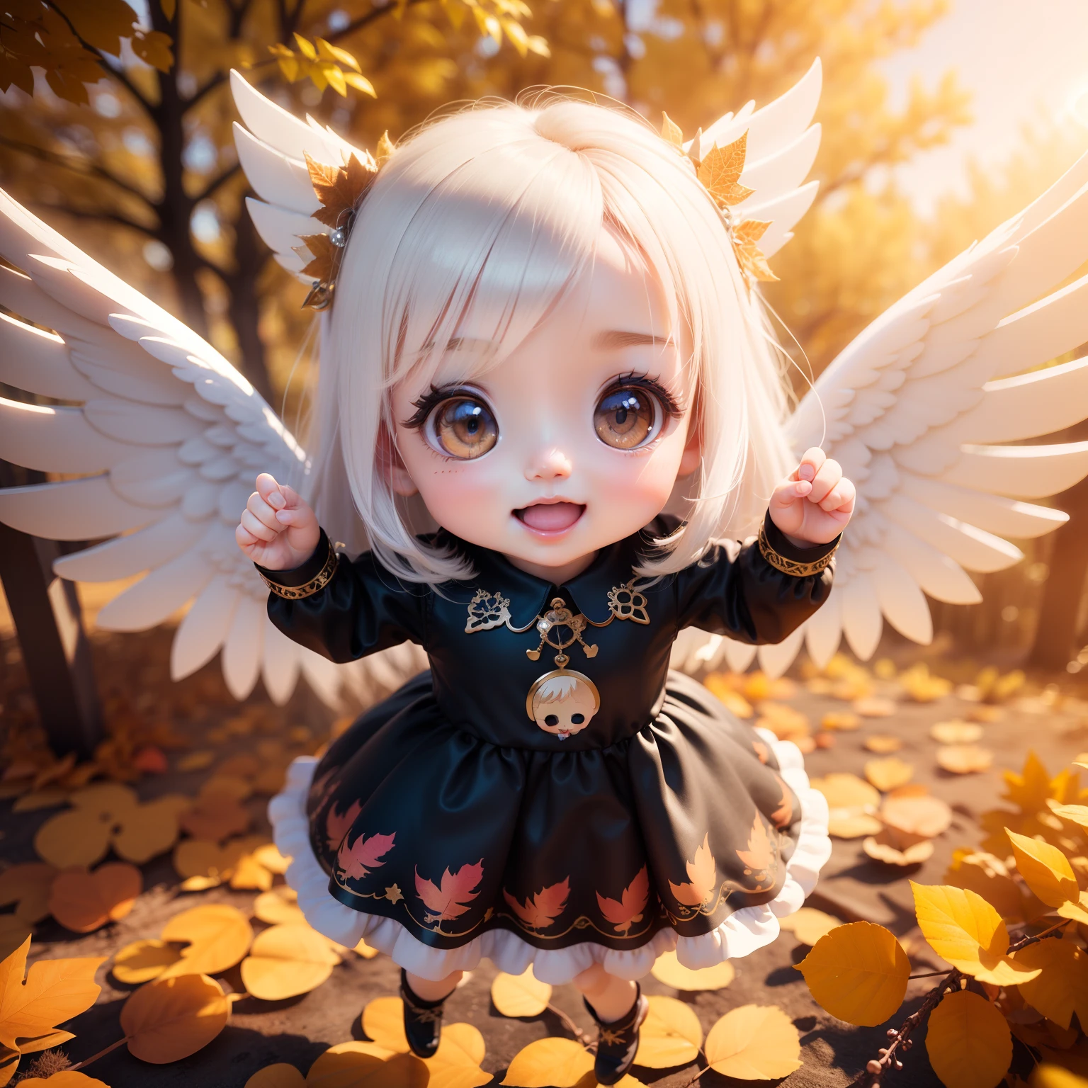 Cute Baby Chibi Anime,(((Chibi 3D))) (Best Quality) (Master Price)、Chibi Angel、Open your mouth and smile、A detailed face、(Floating in the air:1.3)、White hair、Jewelry Decoration Costumes、Sun shining in the morning sun、Autumn foliage in the fairy tale autumn forest、the presence of wings from behind,、
