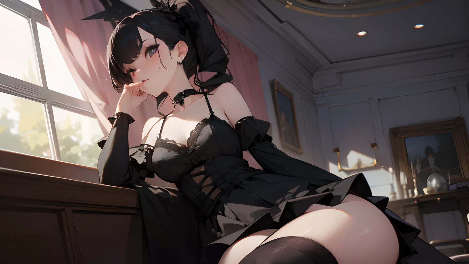 Masterpiece, (Best Quality: 1.2), (Super Fine: 1.2), (Extremely Delicate and Beautiful: 1.2), Film Angle, milf, goth girl, thighhighs, choker, miniskirt, lingerie