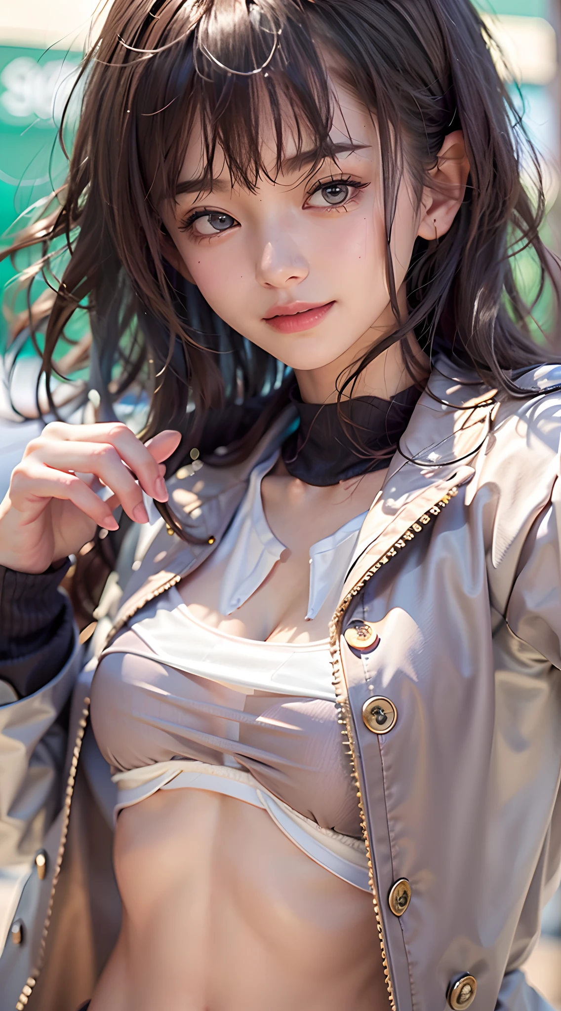 (The FW), 1womanl, Solo, 24 year old, 7headed body, (cute face), (Ideal ratio body proportions), long , tennis coat, Tennis player, I can see my stomach, Eroi body, from below looking up, Wearing sweat, The costume is sheer, Wet, Smiling smile, short-hair, Dark hair, small tits, A slender, Small buttocks, beauty legs, Skinny Legs, surrealism, Cinematic lighting, depth of fields, One-person viewpoint, F/1.8, 135 mm, nffsw, masutepiece, ccurate, ((Anatomically correct)), Textured skin, Super Detail, high details, High quality, awardwinning, Best Quality, hight resolution, 8K