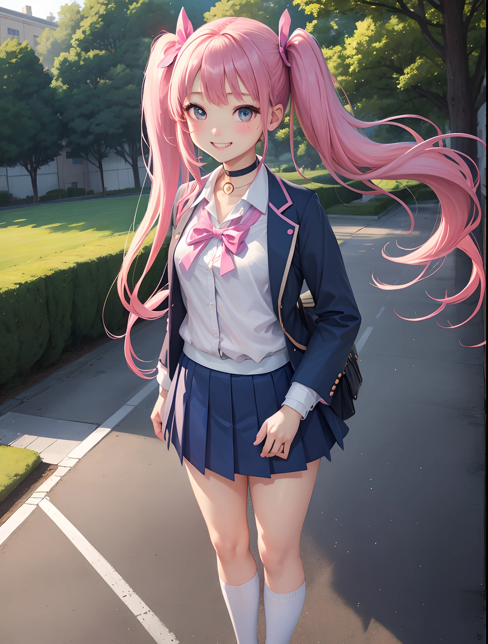 ​masterpiece:1.2、hightquality、top-quality、hight resolution、detaileds、A hyper-realistic、Beautiful schoolgirl looking mature、adult-like、High School Uniform、Dark blue blazer、Pink mini skirt、Pink ribbon、long hair with pink twin tails,,,,,,、Heart-shaped choker、Beautiful blue eyes、full body Esbian、High school students、独奏、High school grounds、Turf Ground、gazing at viewer、frontage、Same eye level、full body Esbian、birdie、rainbows、brilliance、portlate、Lovely smile、Woman showing teeth、(A detailed face)、((foco nítido))、((faces))、The upper part of the body_Body