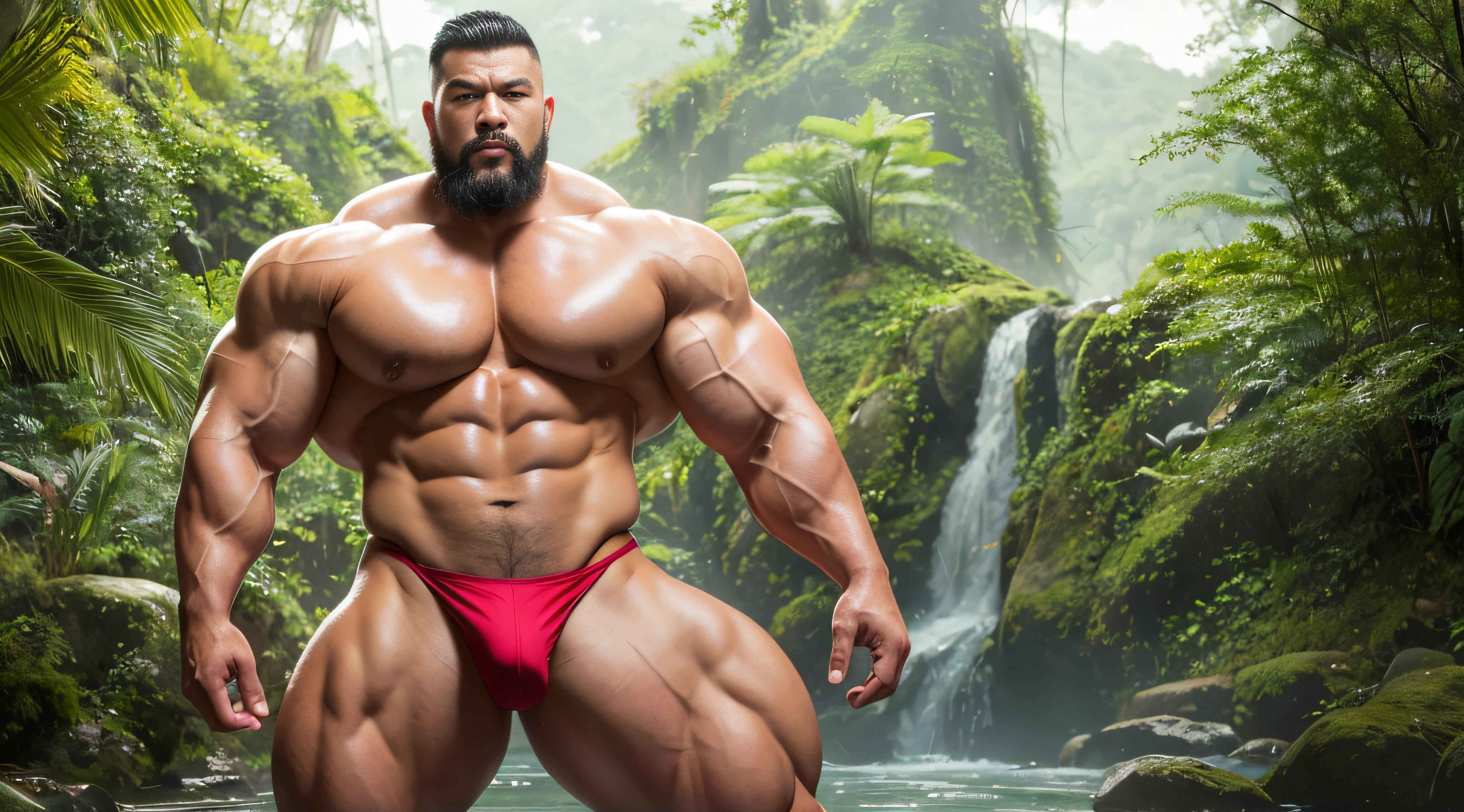 (Extremely detailed 8k wallpaper), A strong Chinese man in a white thong stands in a rainforest，High detail, short detailed hair，Short beard perfect figure with tattoos, Very huge and strong body, Bulging muscles, musculous, Very large pectoral muscles，Very sexy abs，The legs are muscular，Tall and mighty，Exposed Body，Tall and burly，toned figure，Huge genital bulging area，Brightens oily skin，Muscular。