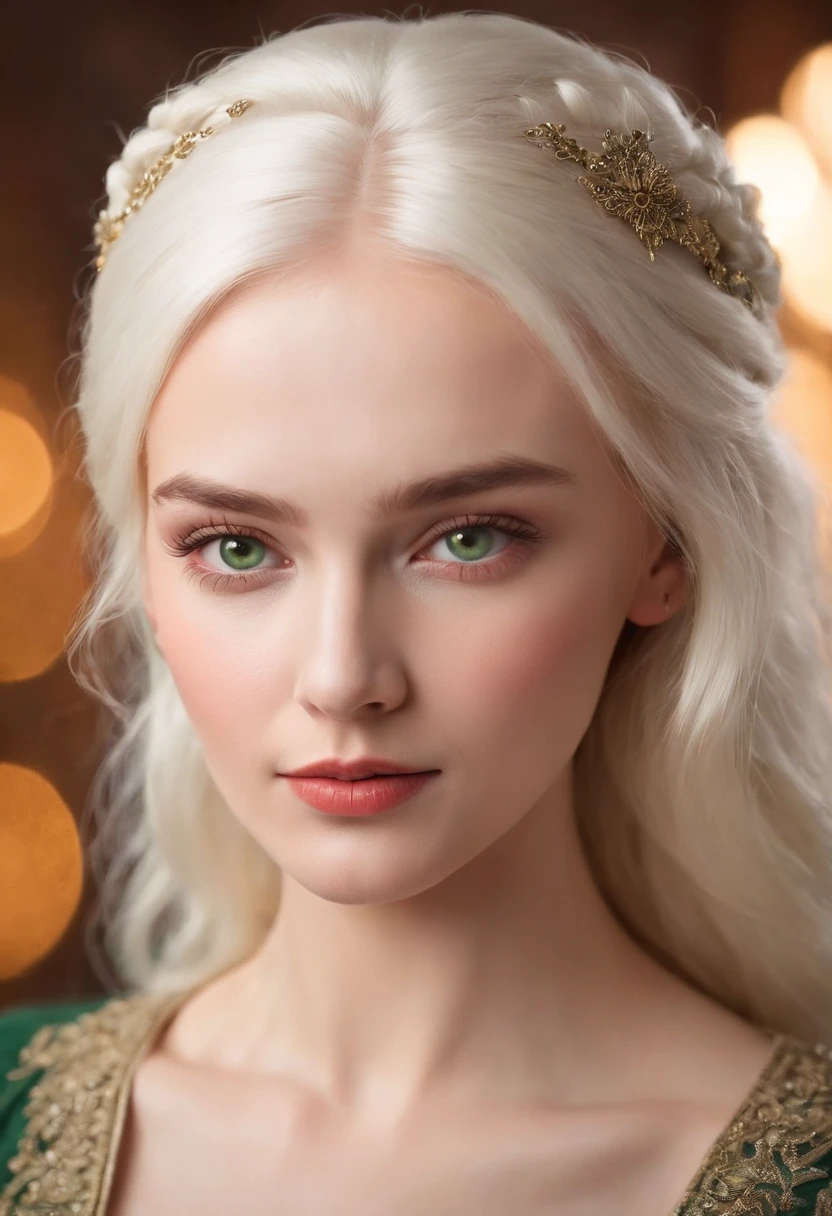 (((a Russian girl with glowing cheeks ))) fair complexion, woman around 19 years old, natural white hair, distinctive green eyes, wearing kohl, slender and graceful, beautiful, candlelight in a medieval setting, ultra sharp focus, realistic shot, medieval female clothes, tetradic colors (scar:1.4)