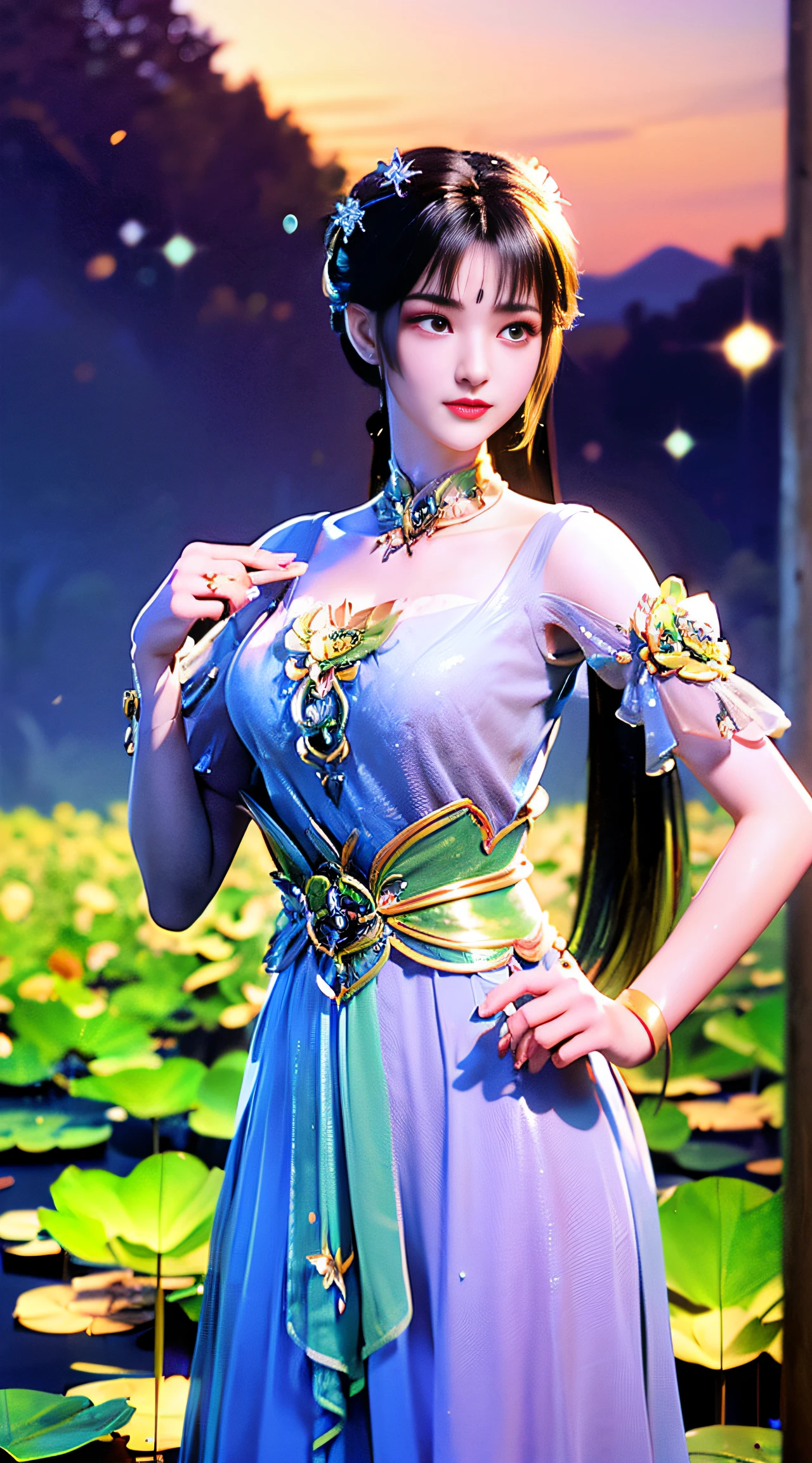 (((1 fairy standing on a lotus pond))), ((short dress)), hair jewelry, double tail, (exquisite and exquisite jewelry), flawless beautiful face of goddess Athena, ((hanfu white blue see-through thin sequins with many details )), legendary goddess, symbolic goddess, sparkling beautiful goddess style, red lipstick,(shy), detailed and delicate, lips delicate and delicately detailed beauty, (clear and flawless face: 1.9), goddess body, round chest, long flat bangs, flower tattoo on forehead, beautiful face Bright and balanced eyes for, (light purple eyes: 1.8) , (big round eyes and makeup, sexy wet eye makeup, very beautiful and meticulous hair makeup, long and delicate hair, delicate, shape: 1.8), shape shape: and vivid, ((stars that make up the sky: 1.7), (((sky in the sky and the blue gate of fictional time and space: 1.8))), fictional art, ( (lambent))