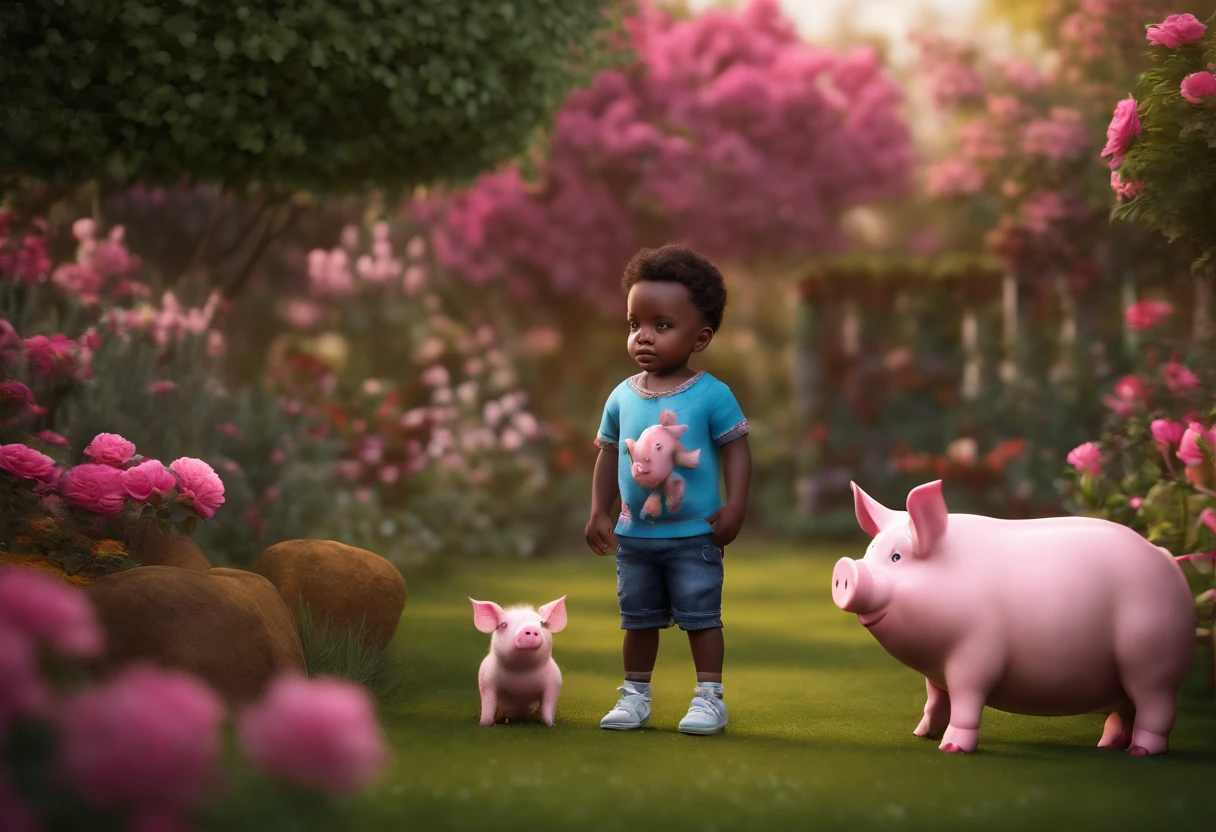 BLACK MALE AFRICAN 5 YEAR OLD SON IN A GARDEN WITH PINK PIG, NATURE, 8K, Realistic photo, deep color, fantastical, intricate detail, splash screen, complementary colors, 8k resolution trending on Artstation Unreal Engine 5"
